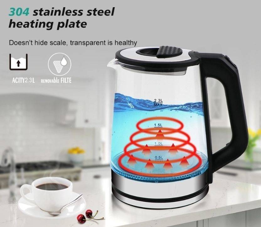 Cheffinger Glas Edelstahl Wasserkocher 2000W mit LED-Beleuchtung Teekocher