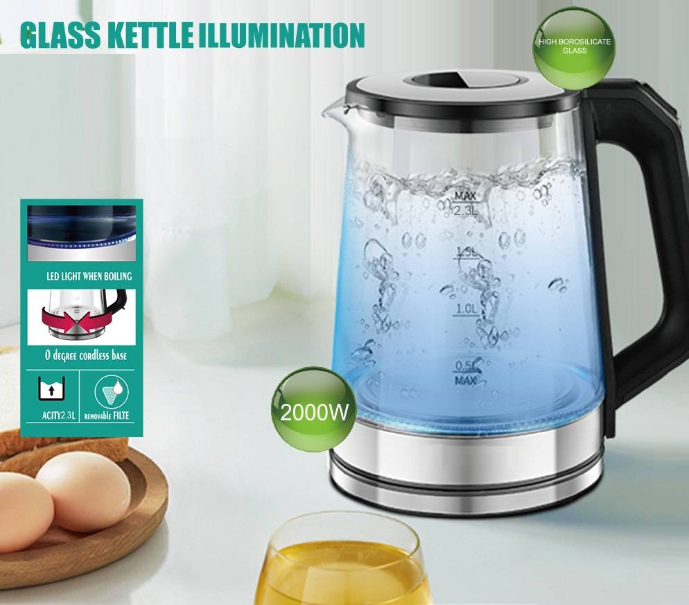 Cheffinger Glas Edelstahl Wasserkocher 2000W mit LED-Beleuchtung Teekocher