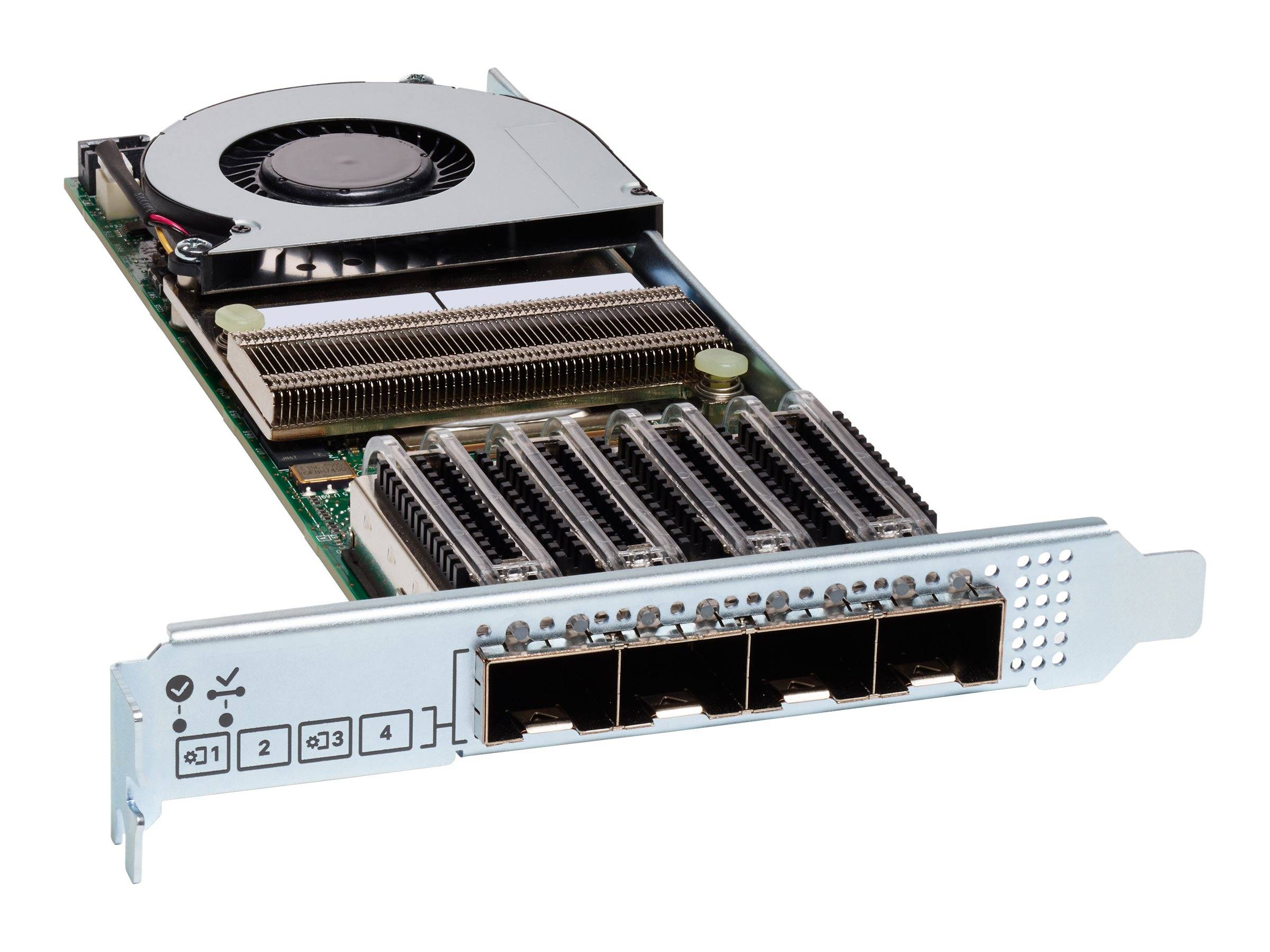 Bild einer Netzwerkschnittstellenkarte mit vier Ethernet-Anschlüssen, Kühlventilator und Wärmeleiter, konzipiert für Rechenzentren oder Server-Einsatz.