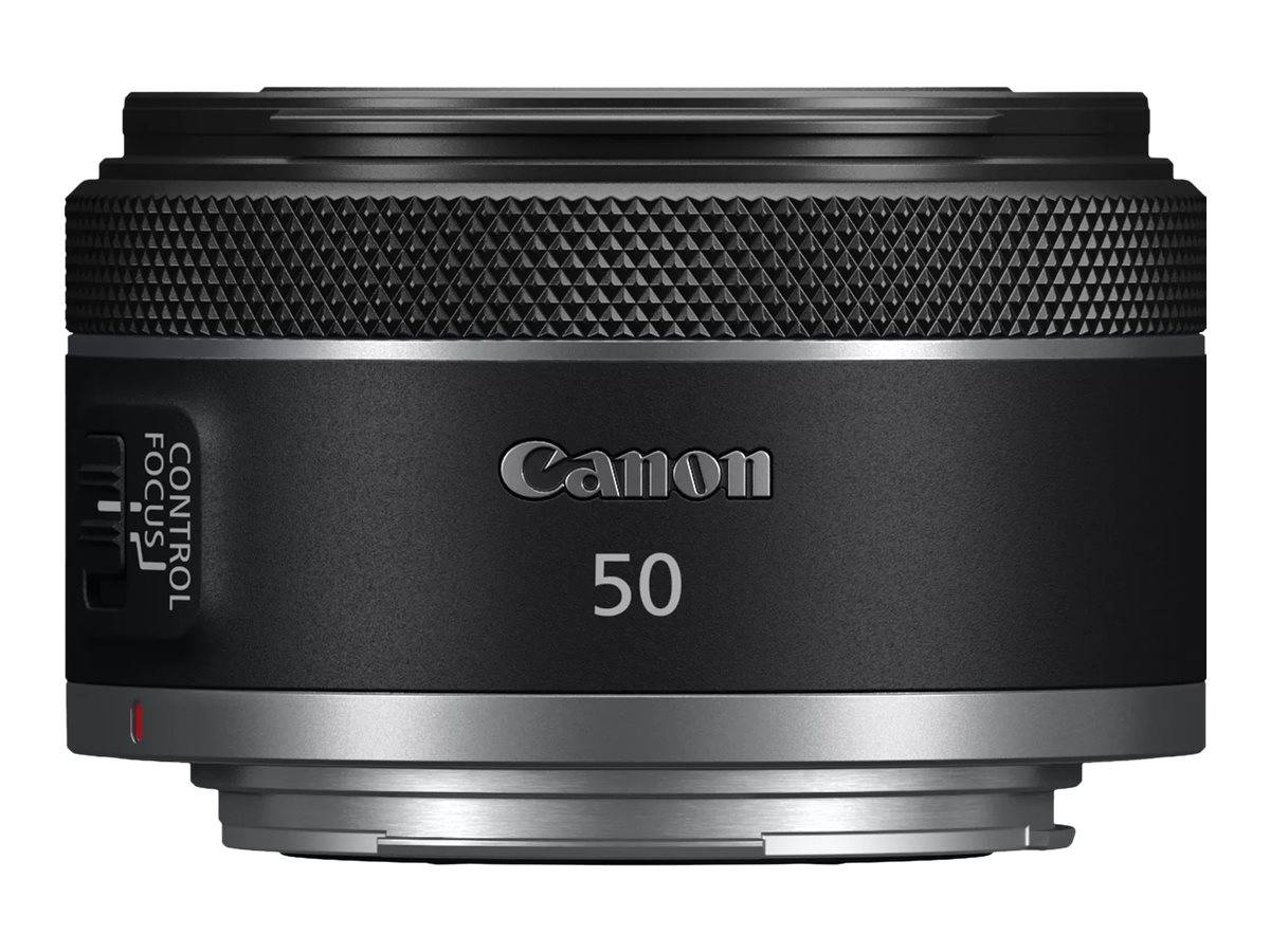 Canon 50mm Kameraobjektiv, von vorne gezeigt mit Fokussteuerungsschalter und strukturiertem Griffring.