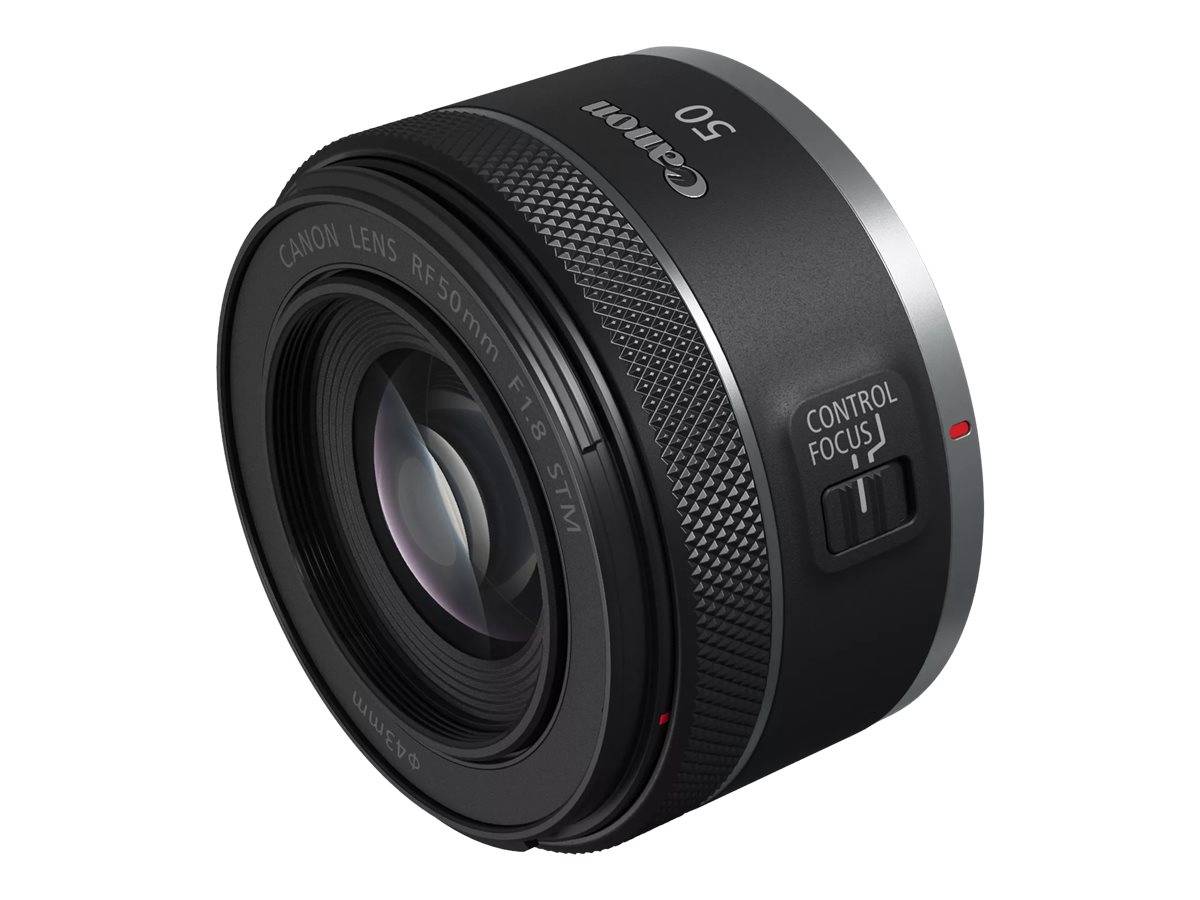 Canon 50-mm-Kameraobjektiv mit Kontrollfokusschalter, auf weißem Hintergrund dargestellt.