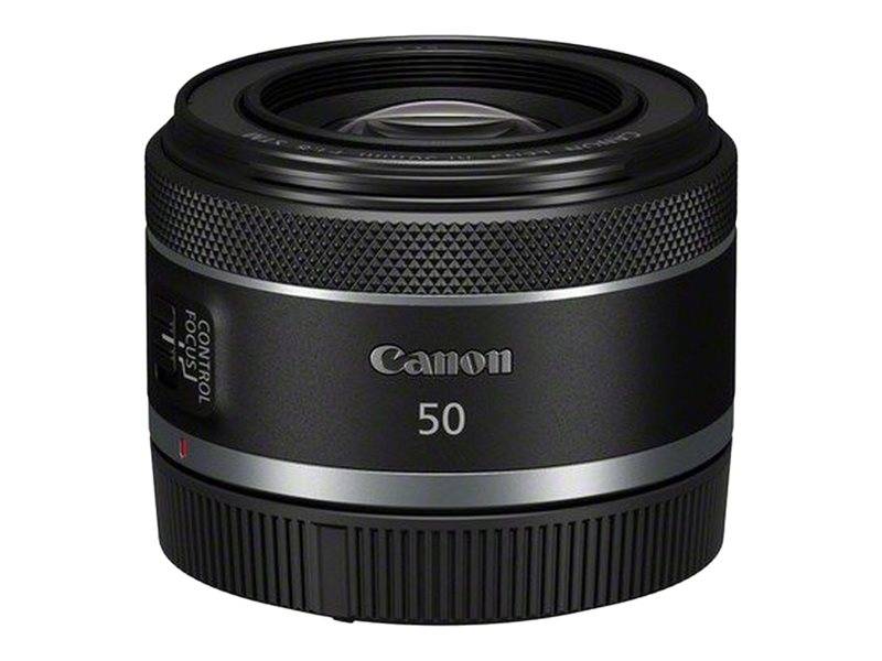 Schwarzes Canon 50-mm-Kameraobjektiv auf einfachem weißem Hintergrund gezeigt.