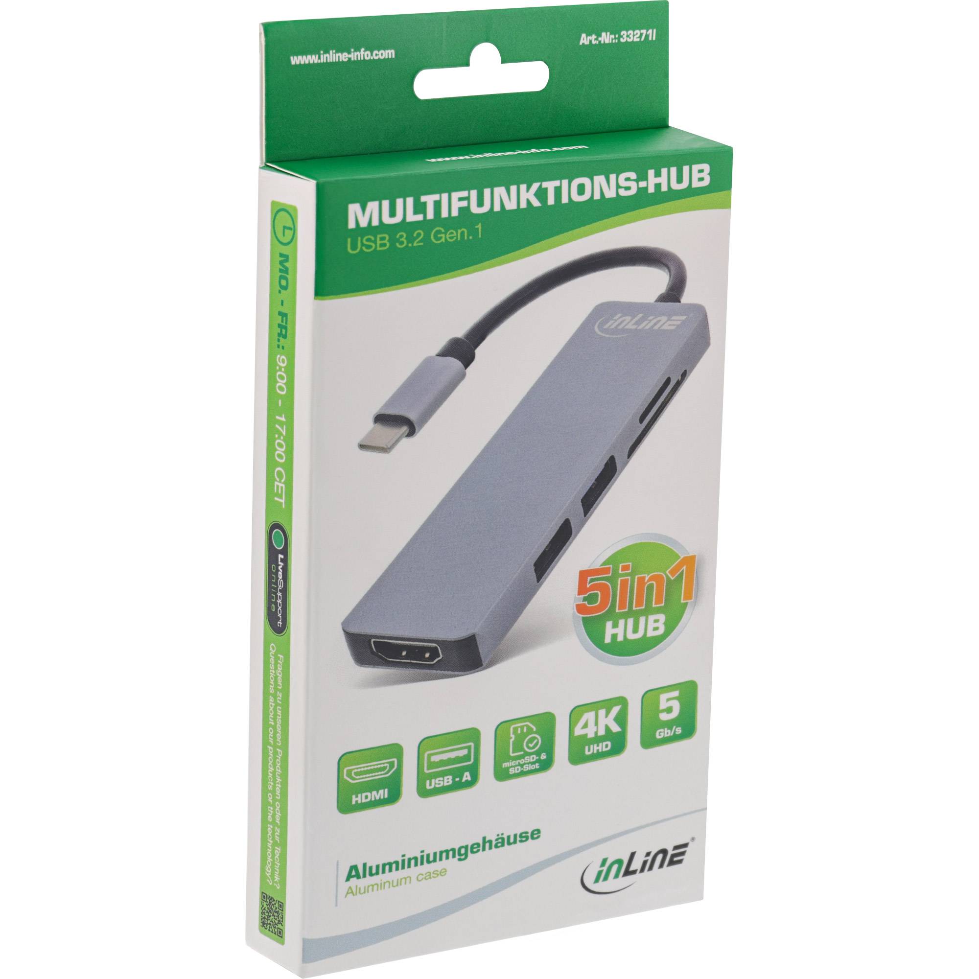 INLINE - Multi-Hub USB 3.2 Gen.1 - 2x USB-A - HDMI 4K/30Hz - Cardreader - Alu - grau