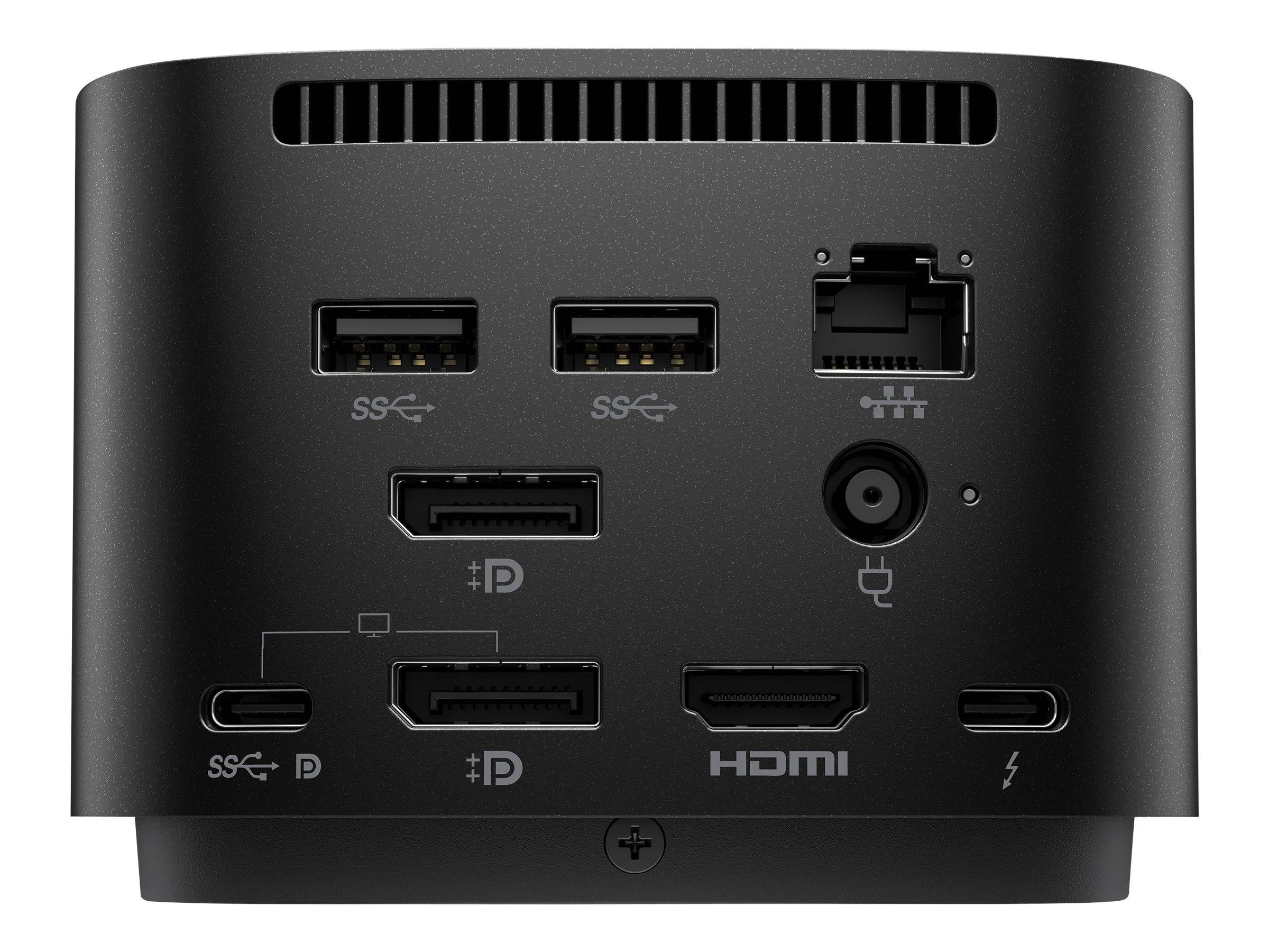 Rückansicht eines schwarzen elektronischen Geräts mit Anschlüssen: drei USB-Ports, zwei Mini-DisplayPorts, HDMI, Ethernet und Stromanschluss.