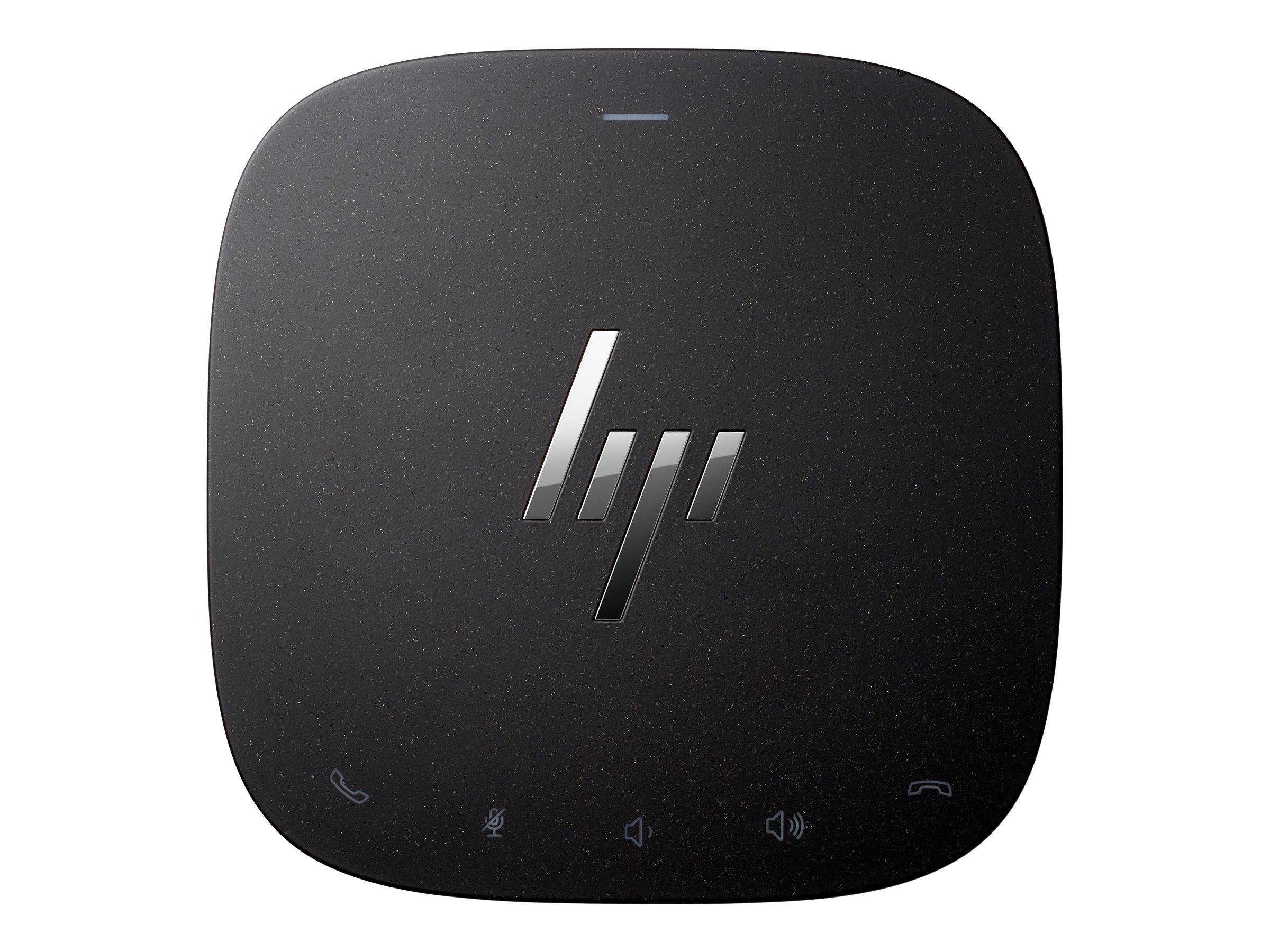 Ein schwarzer Konferenzlautsprecher mit dem HP-Logo auf der Oberseite, ausgestattet mit Touchsteuerungen für Anrufmanagement, Lautstärke und Mikrofon-Stummschaltung.