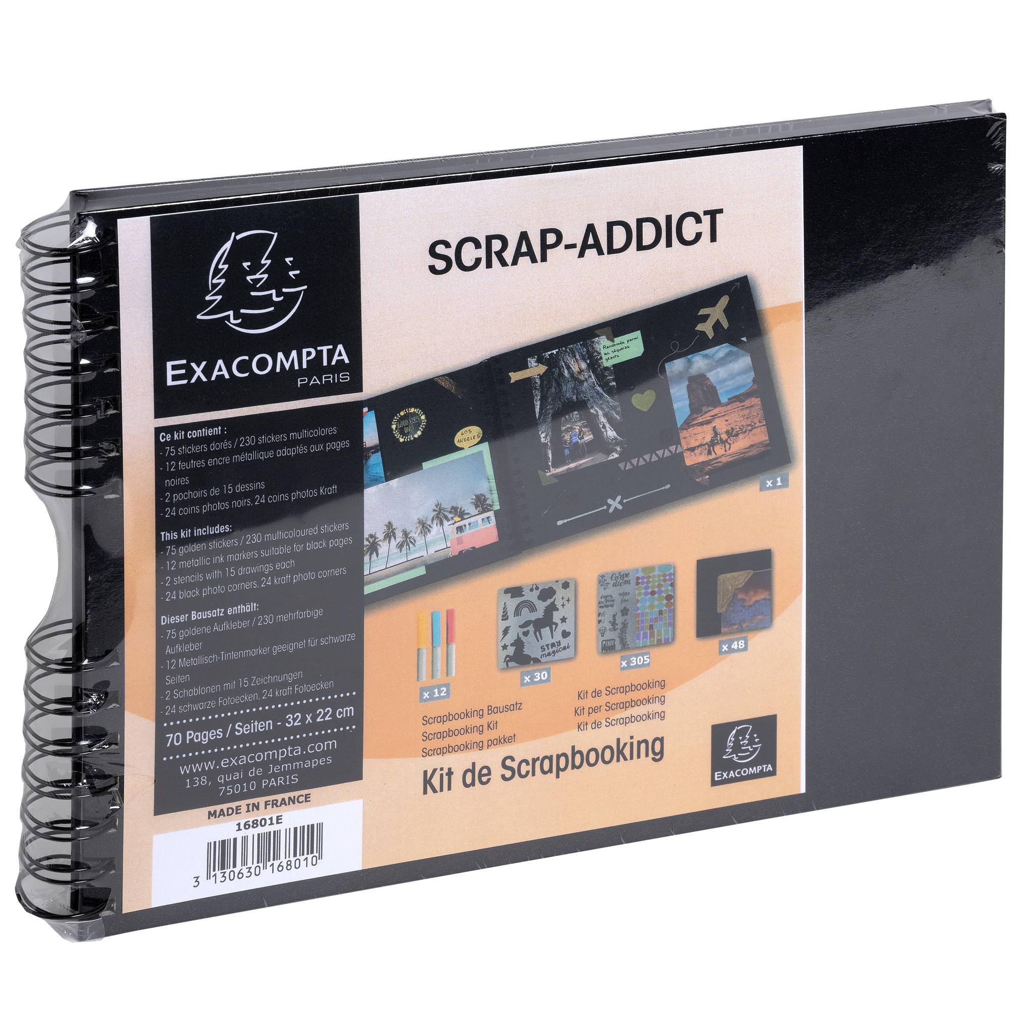 Exacompta Set Scrapbooking mit Fotoalbum 32x22 cm, SCRAP ADDICT, Schwarz, 16801E