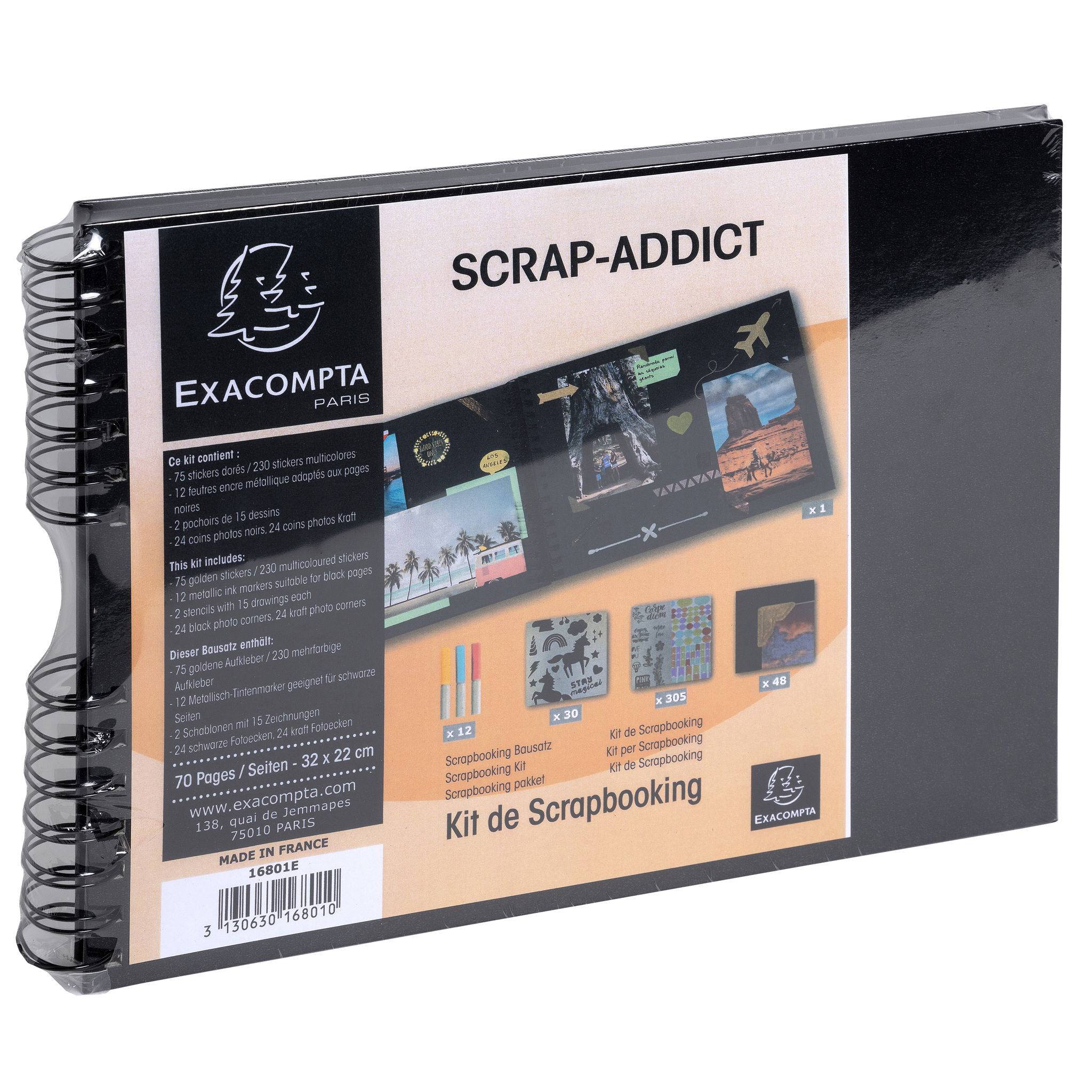 Exacompta Set Scrapbooking mit Fotoalbum 32x22 cm, SCRAP ADDICT, Schwarz, 16801E