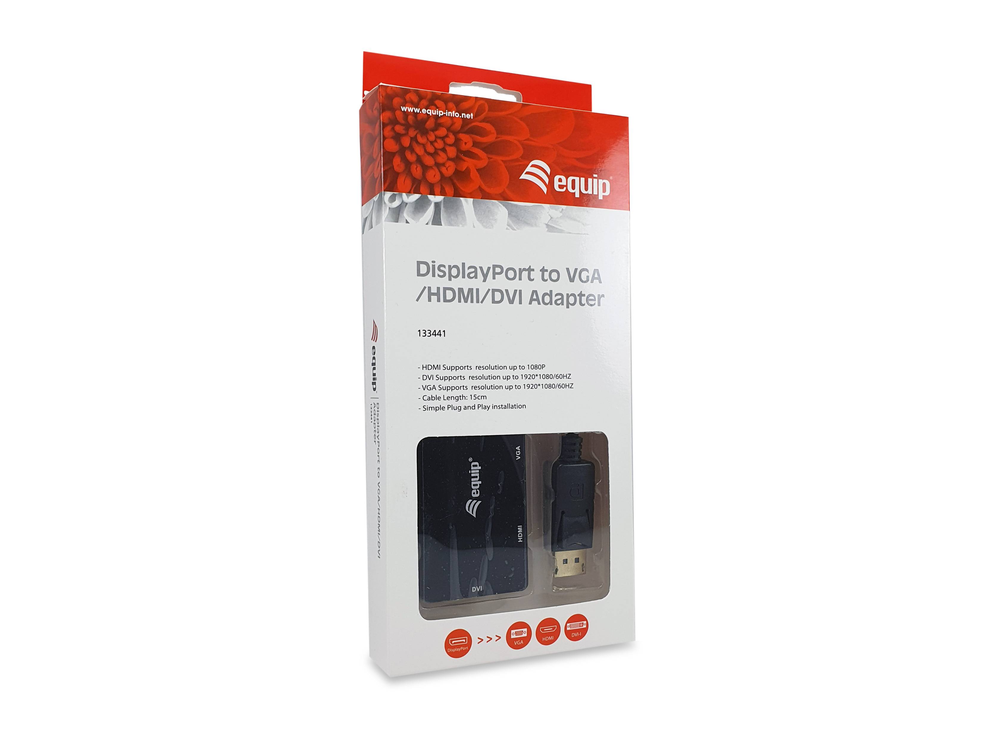 Equip DisplayPort-zu-VGA- / -HDMI- / -DVI-Adapter - 0,24 m - DisplayPort - DVI-D + VGA (D-Sub) + HDMI - Männlich - Weiblich - Gerade