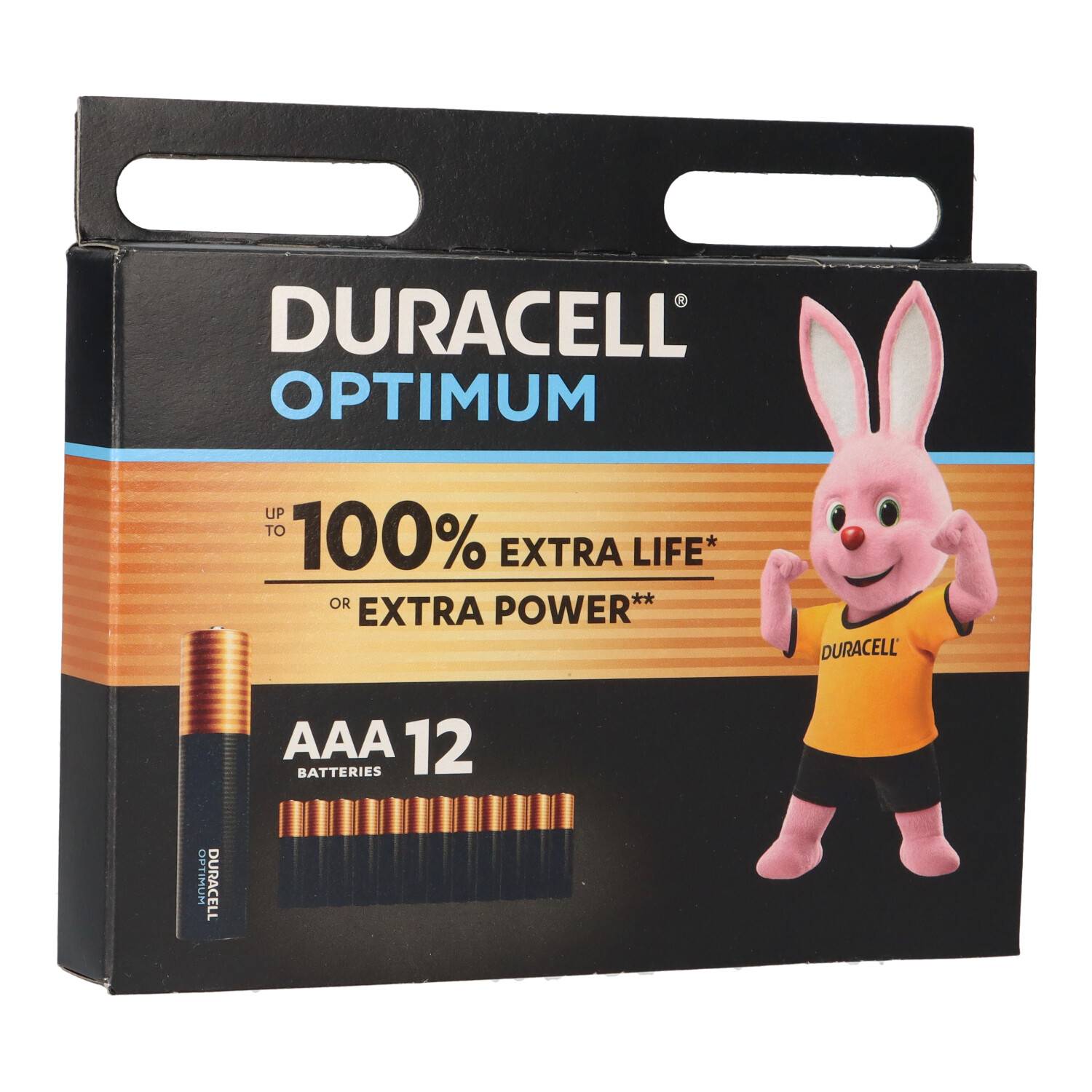 Duracell Optimum AAA 12er-Batteriepackung mit Haschen-Maskottchen und Text „100% mehr Lebensdauer oder mehr Leistung