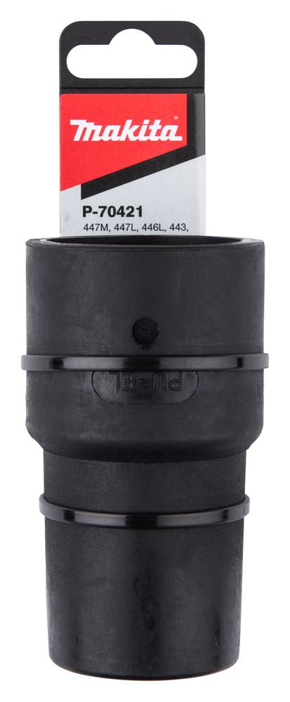 Makita P-70421 schwarzer Adapteraufsatz für die Staubsaugermodelle 447M, 447L, 446L und 443, abgebildet in der Produktverpackung.