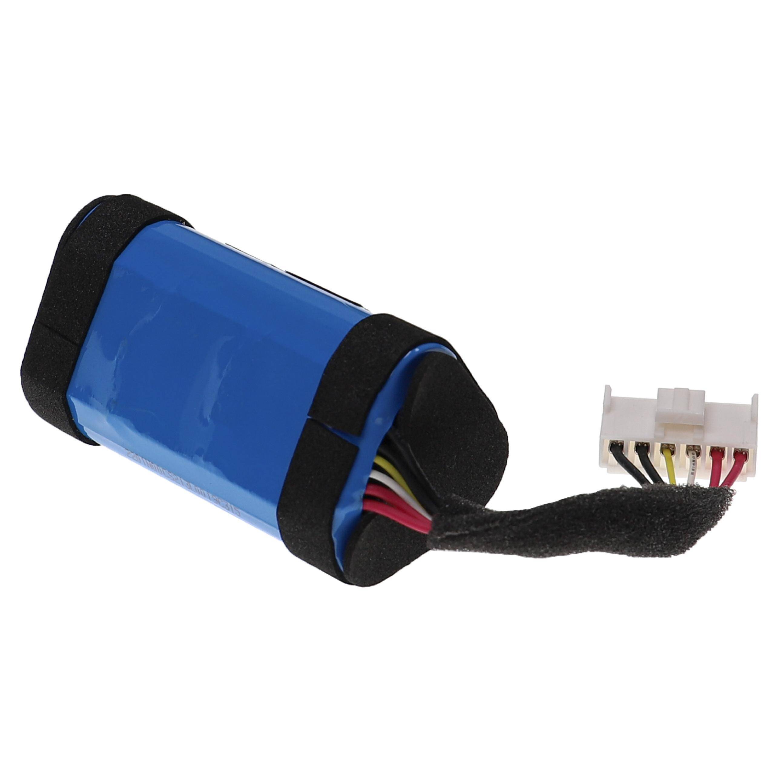 Blauer zylindrischer Lithium-Ionen-Akku mit schwarzen Riemen und einem weißen Anschluss mit mehrfarbigen Drähten.