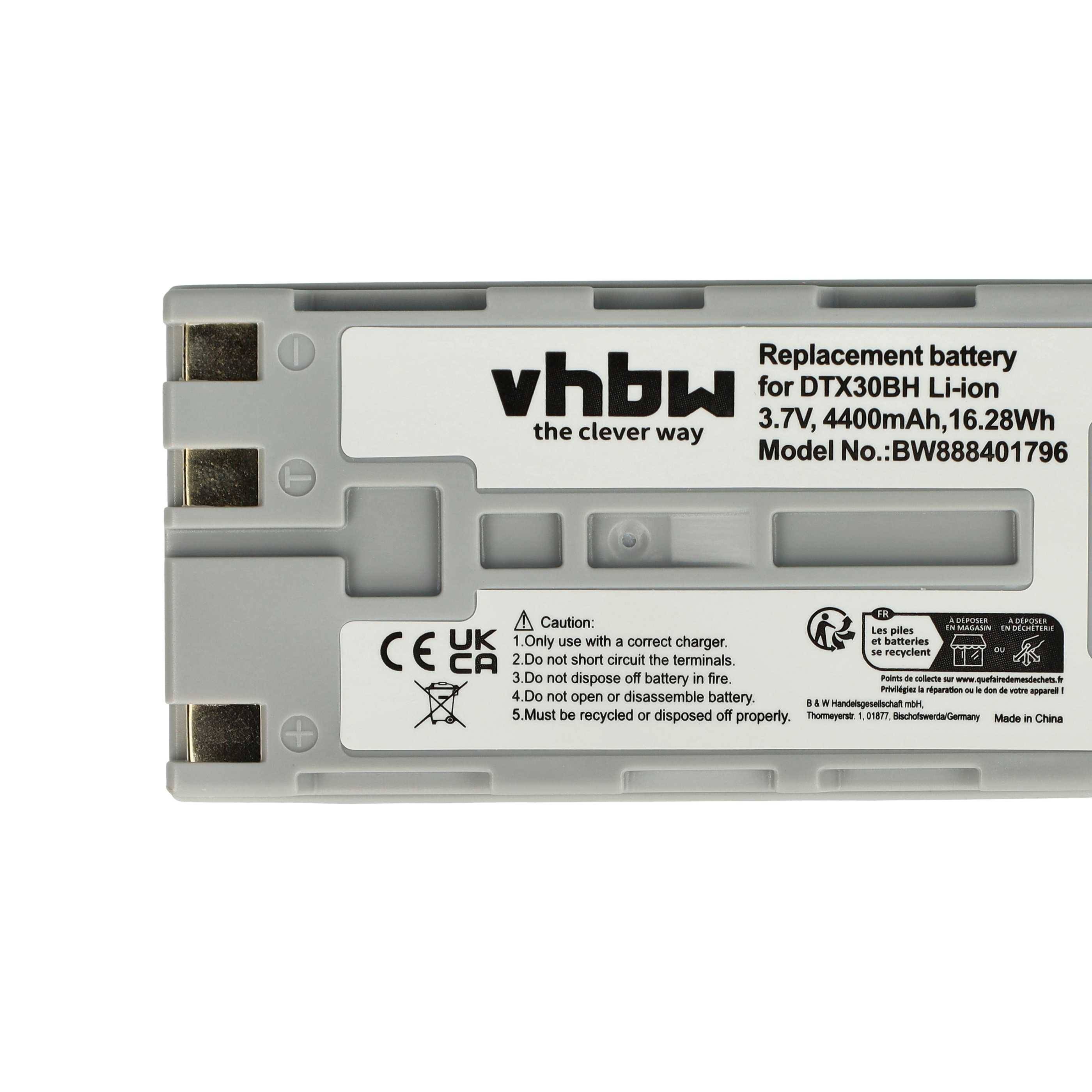 vhbw Ersatzbatterie für DTX880 Li-Ionen 3,7V, 4400mAh, 16,28Wh mit Sicherheitssymbolen und Entsorgungsanweisungen.