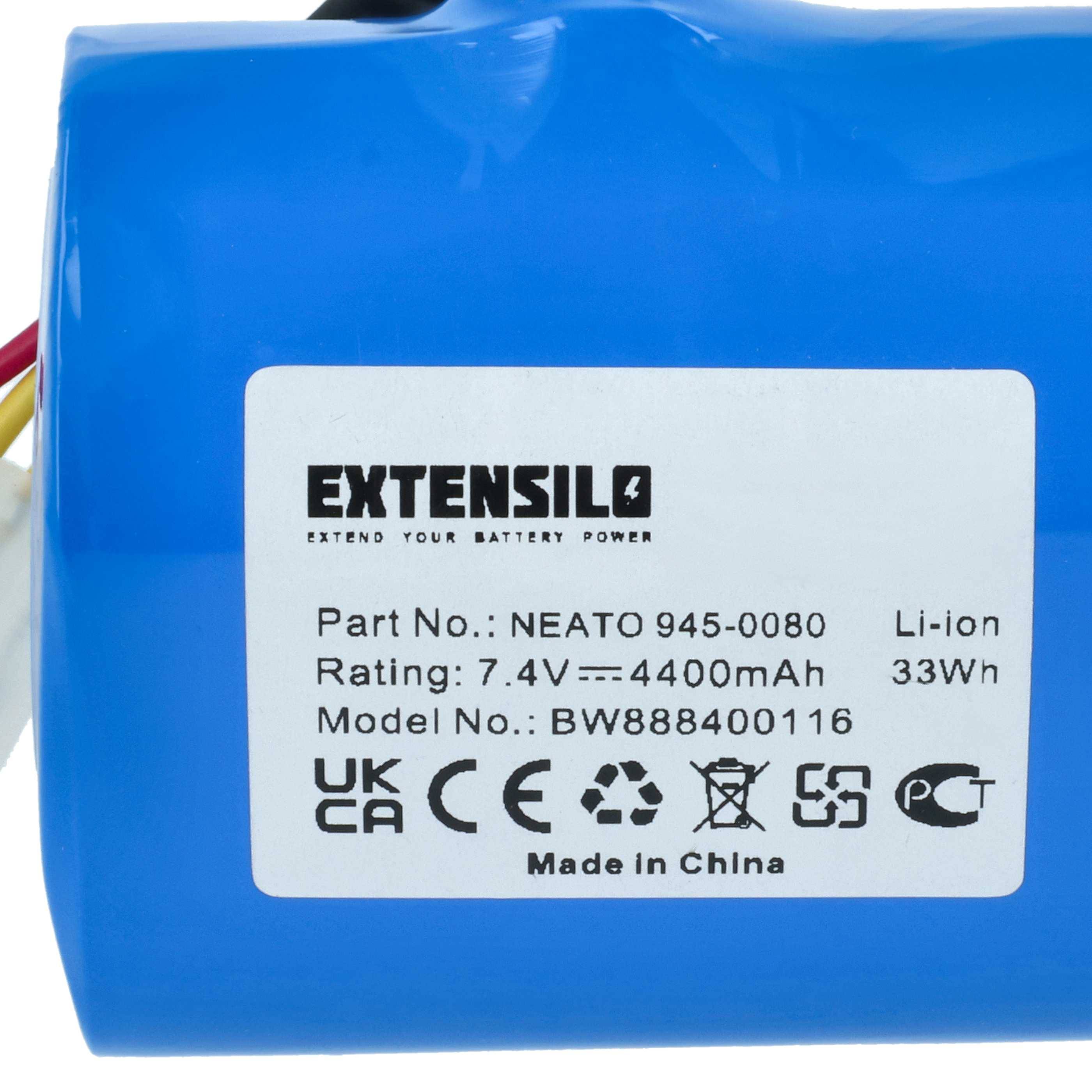Blauer Extensilo Lithium-Ionen-Akkupack mit Etikett, das die Teilenummer NEATO 945-0080, 7,4V 4400mAh, 33Wh zeigt, hergestellt in China.