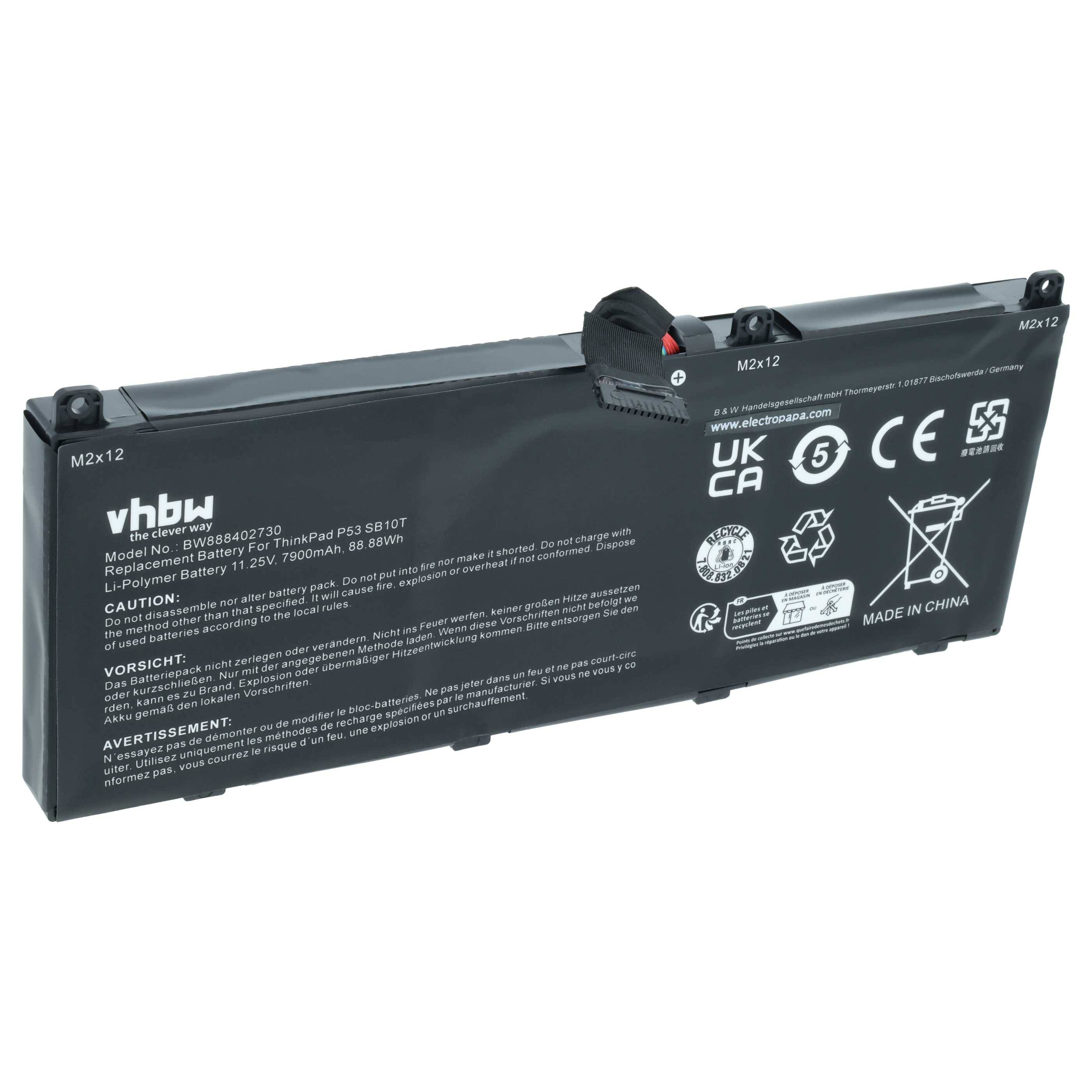 vhbw Akku kompatibel mit Lenovo ThinkPad P53 20qn0007ms, 20qn0007mx, 20QN0006CXL, 20qn0006fr Notebook (7900 mAh, 11,25 V, Li-Polymer)