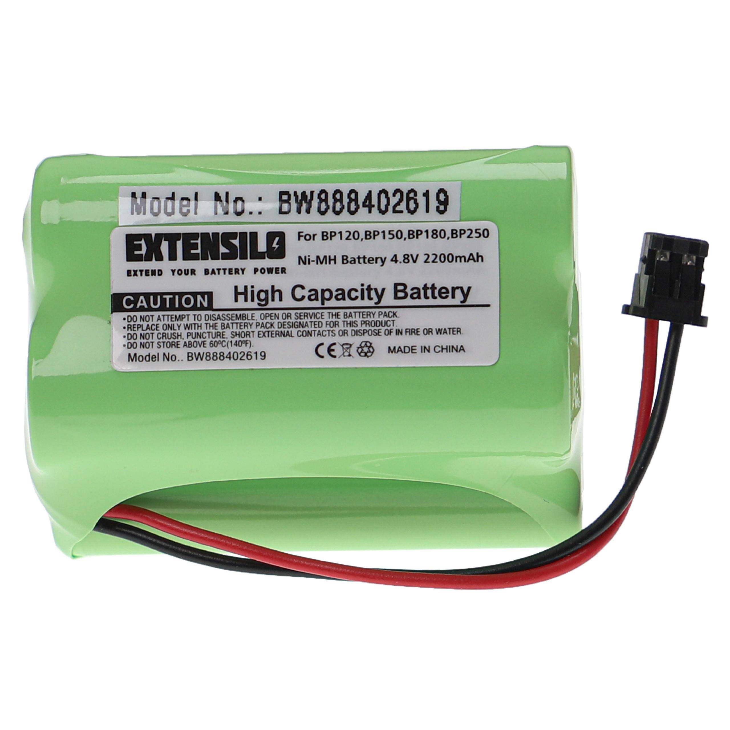 Grünes Ni-MH-Akkupack, 4,8V 2200mAh, mit schwarzen und roten Kabeln. Aufkleber lautet: Extensil, Modellnummer: BW888402619, Made in China.