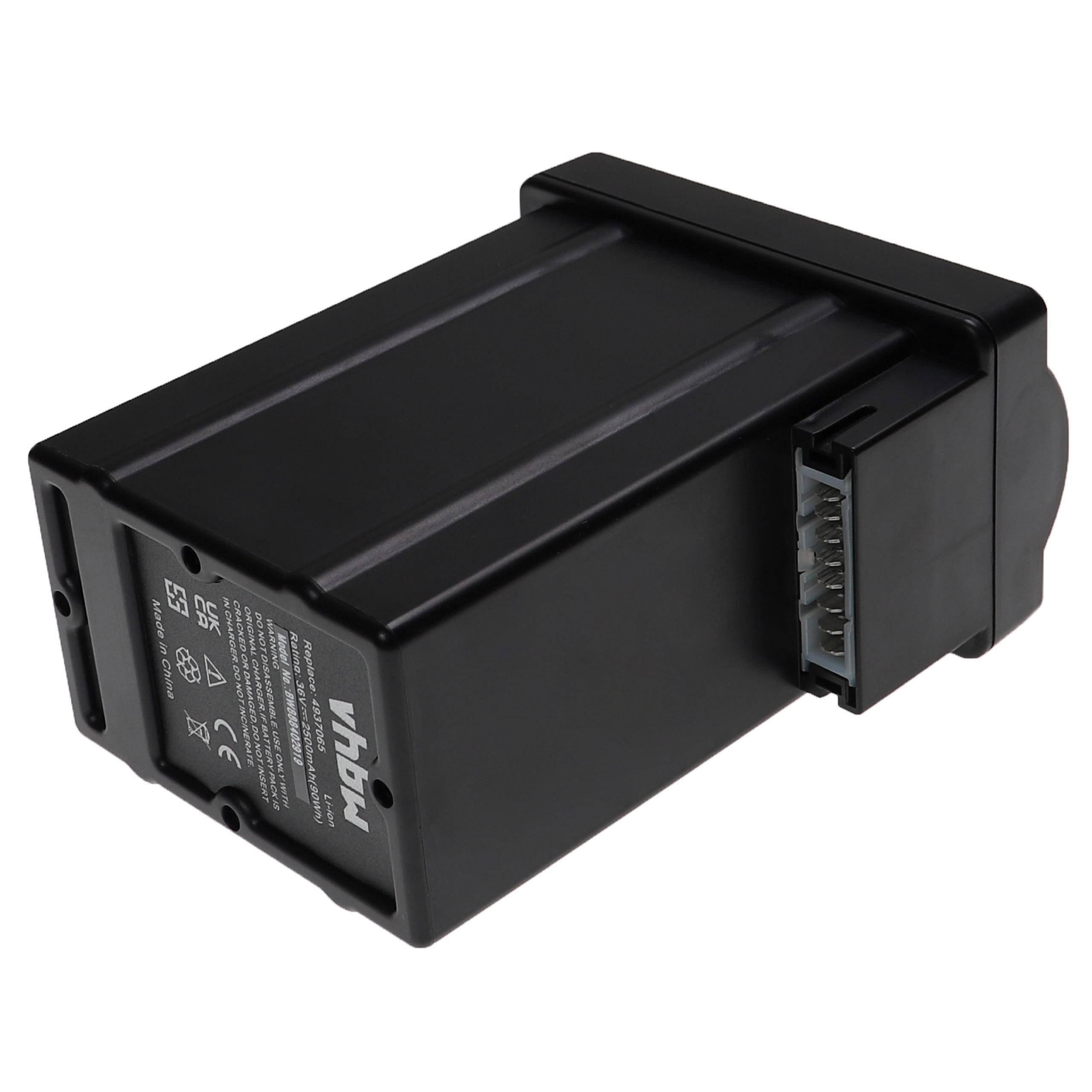 Eine schwarze Lithium-Ionen-Batterie mit Sicherheitssymbolen und Spezifikationen auf ihrer Seite, die die Verbindungsschnittstelle zeigt.