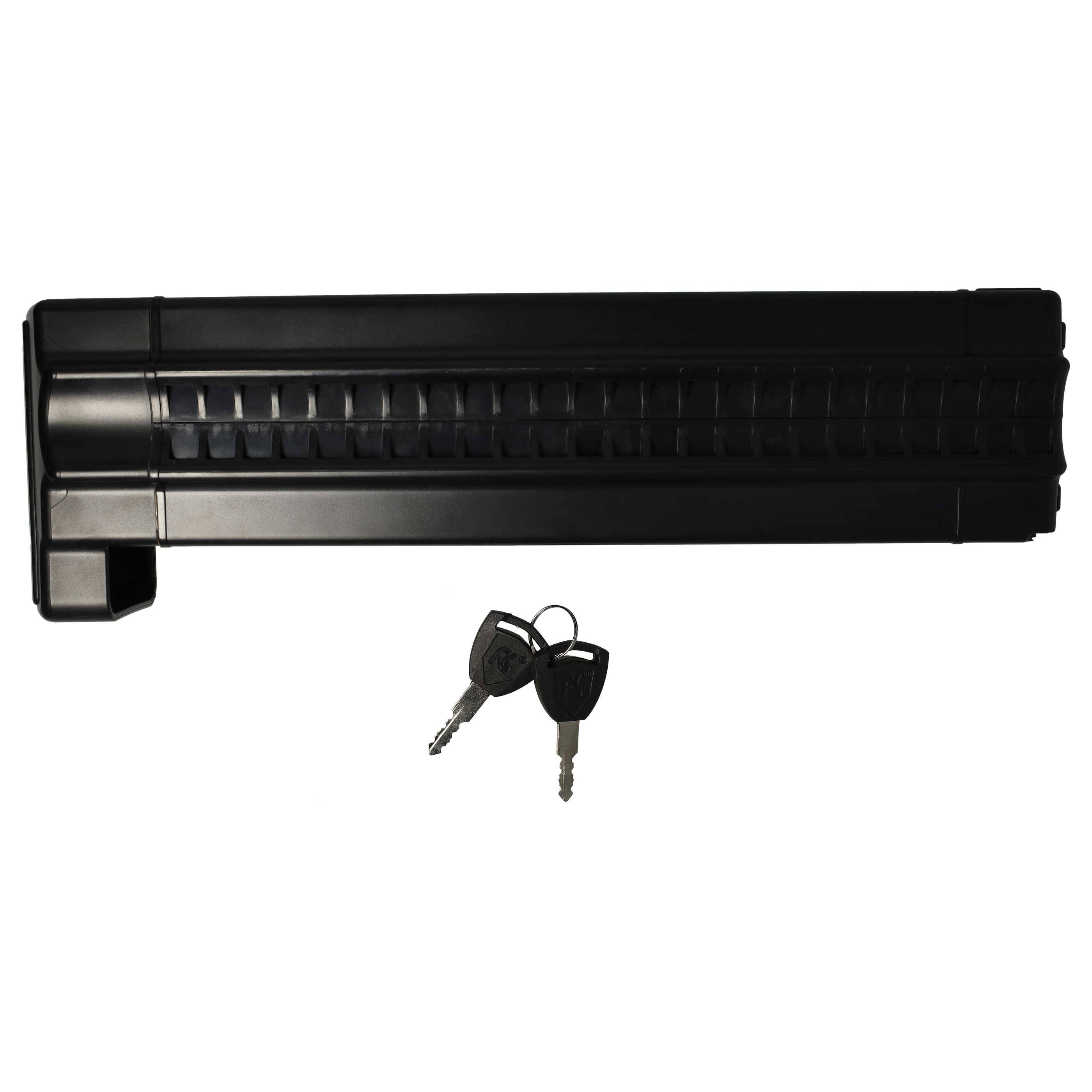 Eine schwarze Kunststoff-Dachträgerschlosabdeckung mit zwei darunter positionierten Schlüsseln, die zum Sichern von Gegenständen auf dem Dach eines Fahrzeugs verwendet wird.