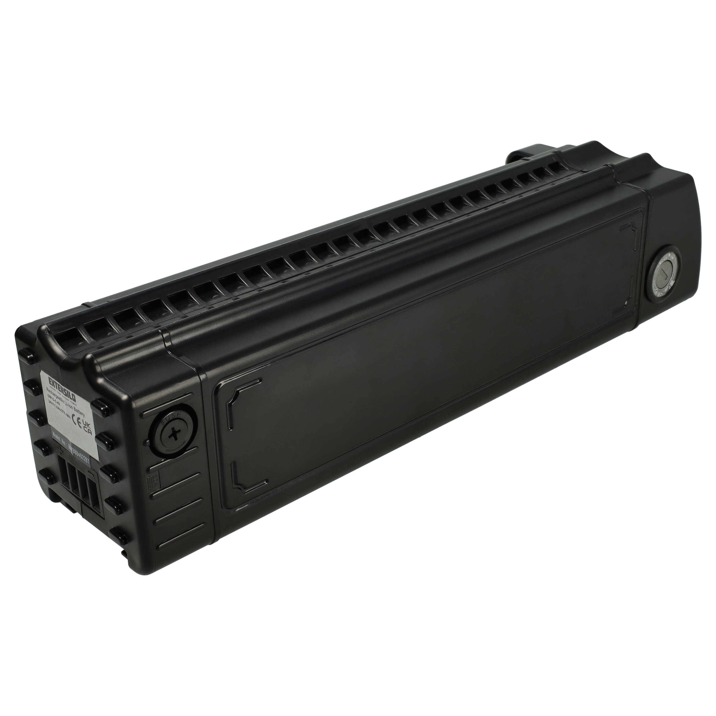Schwarzes rechteckiges Batteriepaket mit belüftetem Deckel, Seitenzugriffsplatte und kreisförmigen Anschlüssen, dargestellt auf weißem Hintergrund.