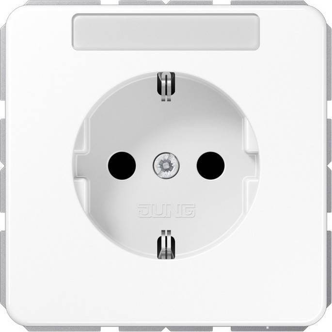 Eine weiße elektrische Wandsteckdose mit zwei runden Löchern für Steckdosenstifte und einem Erdungsloch dazwischen.