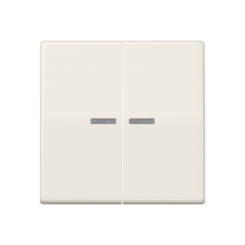 Minimales beige Doppeltürenschrank mit zwei kleinen horizontalen Griffen, geschlossen vor weißem Hintergrund gezeigt.