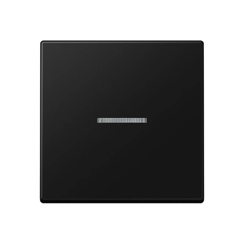 Schwarzes quadratisches elektronisches Gerät oder Sensor mit einem kleinen horizontalen silbernen Indikator in der Mitte auf weißem Hintergrund.