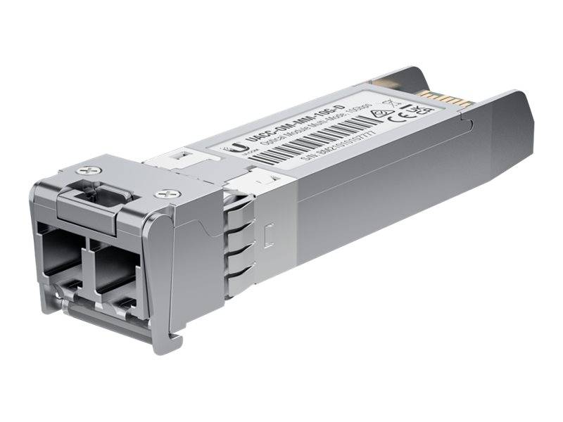 Silbernes SFP-Transceiver-Modul für Netzwerkausrüstung mit zwei vorderen Anschlüssen und einer Beschriftung an der Oberseite.