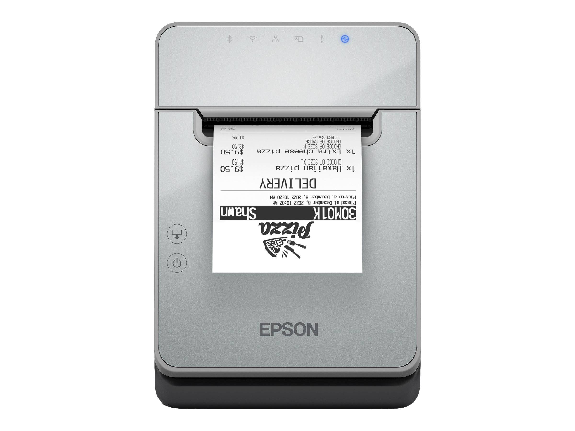 Draufsicht eines grauen tragbaren Epson-Druckers, der eine kopfüber gedruckte Feinkostausgabe mit der Bezeichnung „DELI VERY" und „30 MTA. Pizza"" ausdruckt.