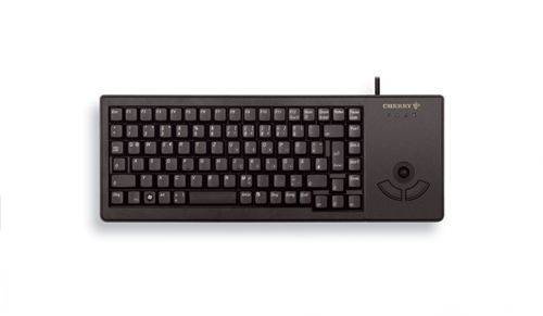 Schwarze kompakte Cherry-Tastatur mit vollständigem Tastaturlayout und integriertem Zeigegerät auf der rechten Seite, auf weißem Hintergrund abgebildet.