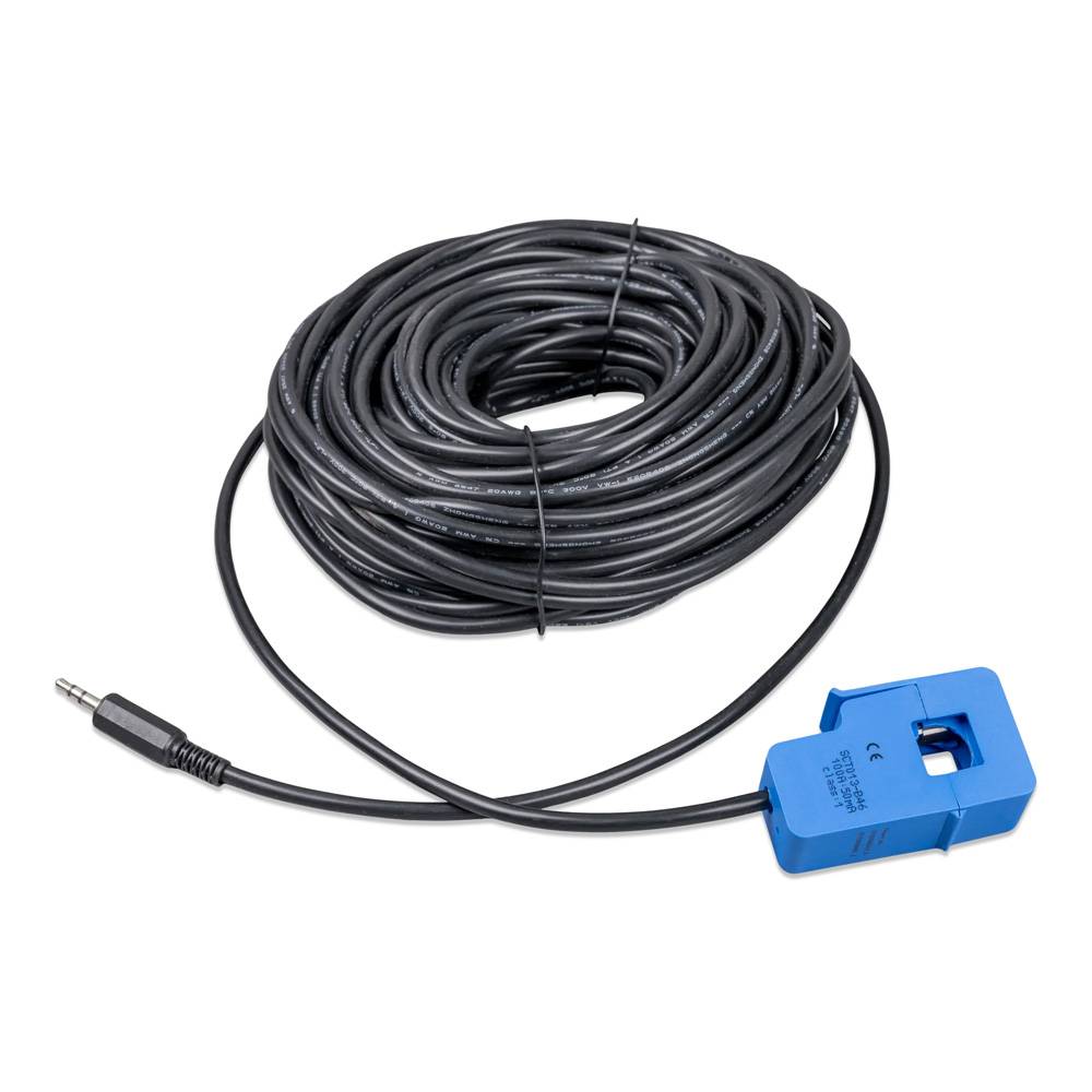 Aufgerolltes schwarzes Kabel mit einem blauen aufsteckbaren Sensor und einem audiotypischen Stecker, gezeigt auf weißem Hintergrund.
