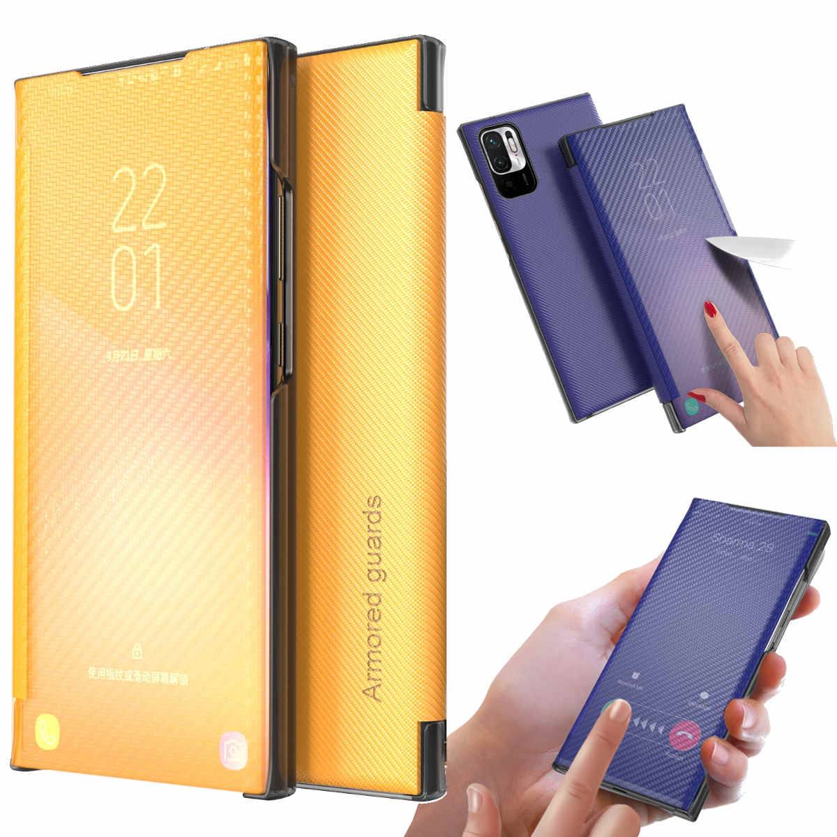 Für Xiaomi Redmi Note 10 5G Design Carbon Clear View Spiegel Mirror Smartcover Gelb Schutzhülle Cover Etui Tasche Hülle Neu Case Wake UP Funktion