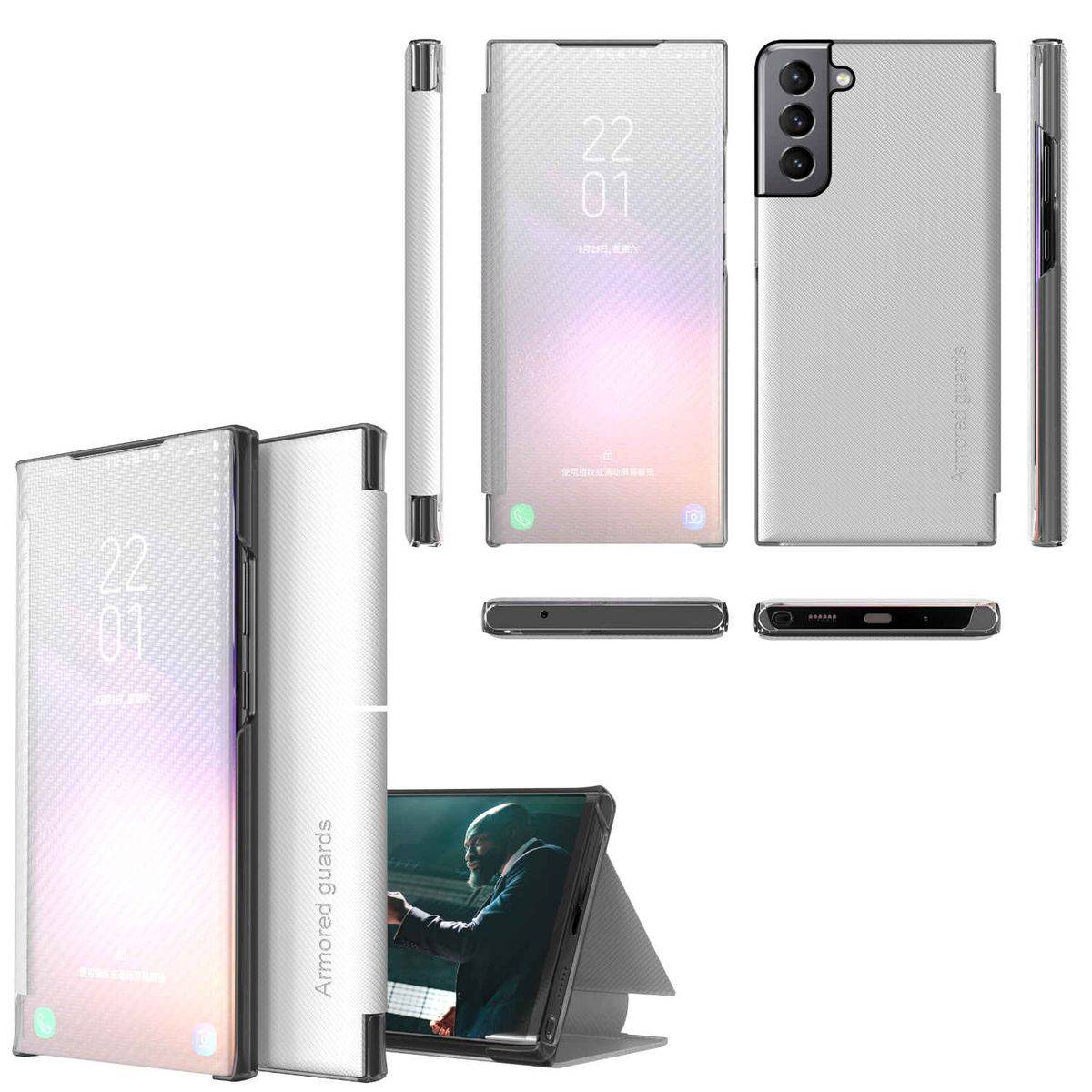 Für Samsung Galaxy S21 FE G990B Design Carbon Clear View Spiegel Mirror Smartcover Weiß Schutzhülle Cover Etui Tasche Hülle Neu Case Wake UP Funkt