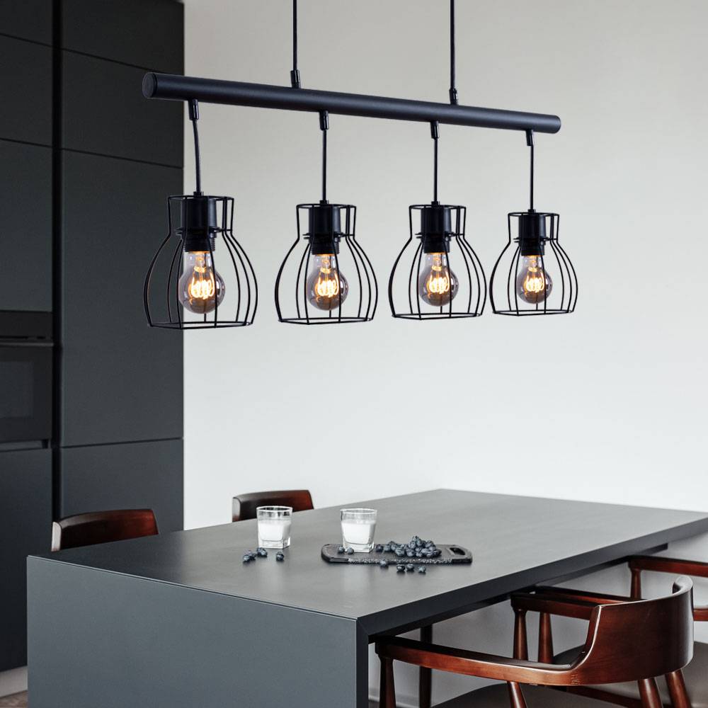 Hängeleuchte Industrial schwarz Hängelampe Vintage Pendelleuchte Hängelampe Esstisch, Käfig Schirme Metall, 4x LED 7W 806Lm warmweiß, L 77 cm