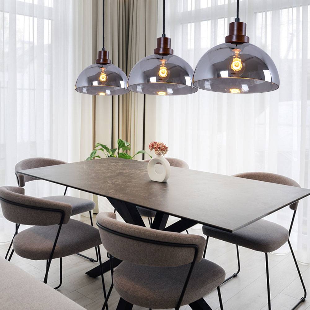 Hängelampe Esstisch Pendelleuchte schwarz 3 flammig dimmbar mit Fernbedienung, RGB Farbwechsel, Holzoptik braun Metall Glas rauchfarben, 3x 9W 3x