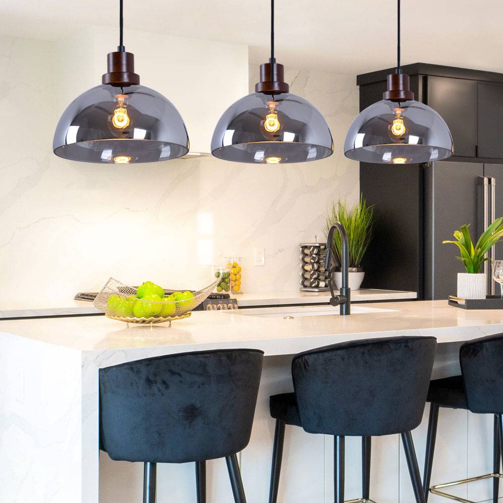 Hängelampe Esstisch Pendelleuchte schwarz 3 flammig dimmbar mit Fernbedienung, RGB Farbwechsel, Holzoptik braun Metall Glas rauchfarben, 3x 9W 3x