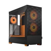 Schwarzes und orangefarbenes Gaming-PC-Gehäuse mit Seiten- und Frontgitterpaneelen und mehreren sichtbaren Lüftern.
