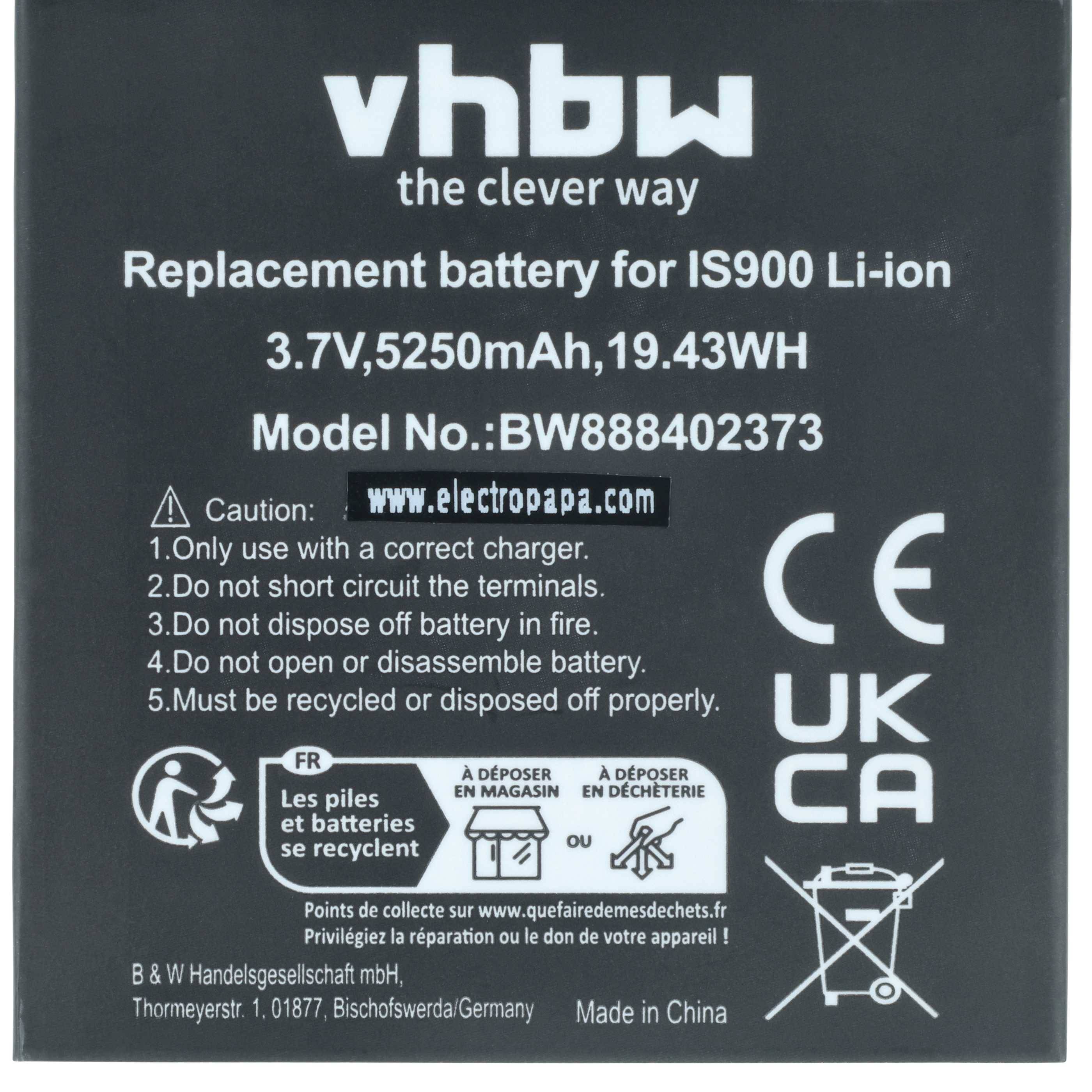 Ersatzbatterie für IS900 Li-Ion, 3,7V, 5250mAh, Modell BW888402373. Vorsicht: Verwenden Sie nur das richtige Ladegerät, vermeiden Sie Kurzschluss oder Entsorgung im Feuer. Hergestellt in China.