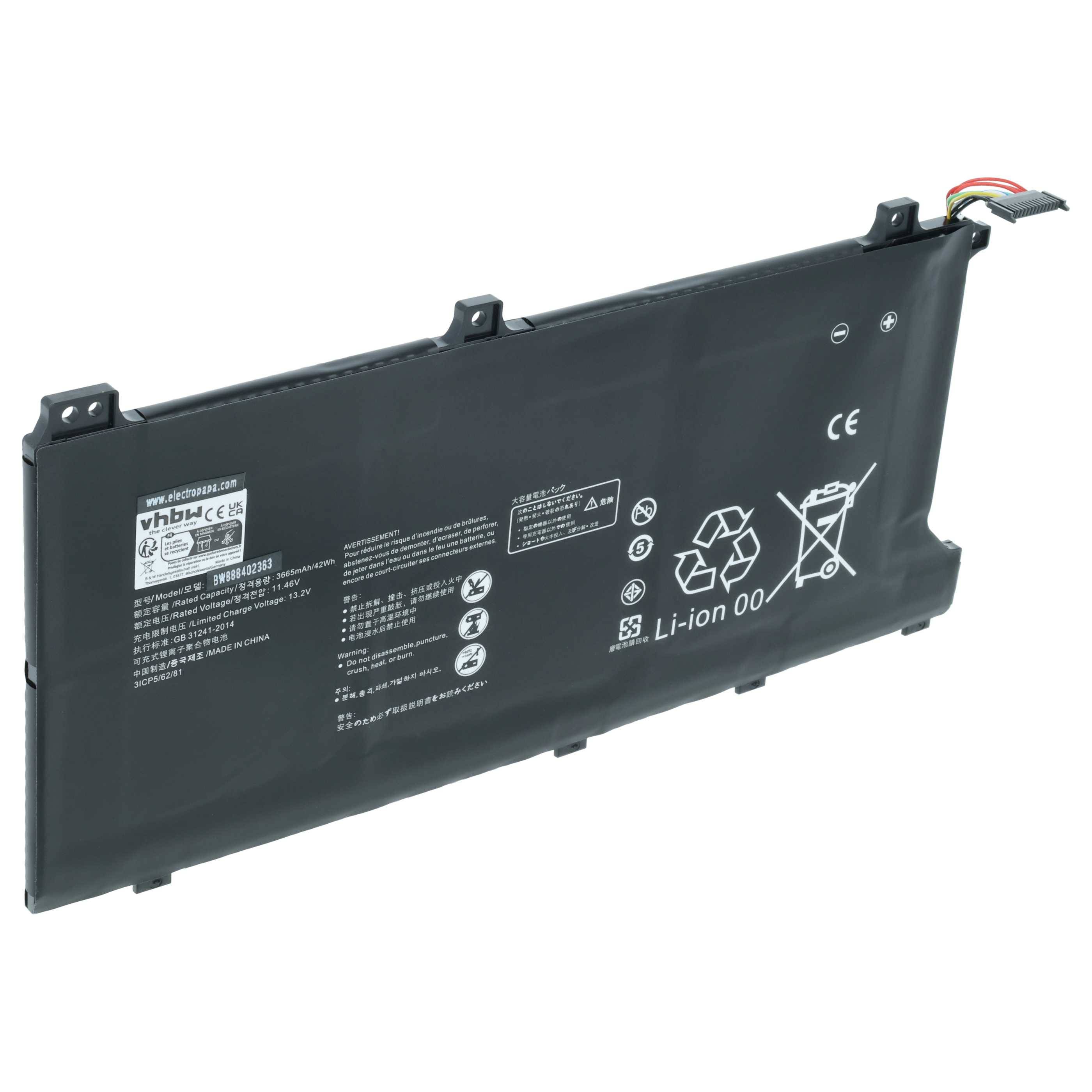 vhbw Akku kompatibel mit Honor MagicBook 15, 14, VLT-W60A, VLT-W50, KPL-WOOB Steuereinheit (3600 mAh, 11,46 V, Li-Polymer)