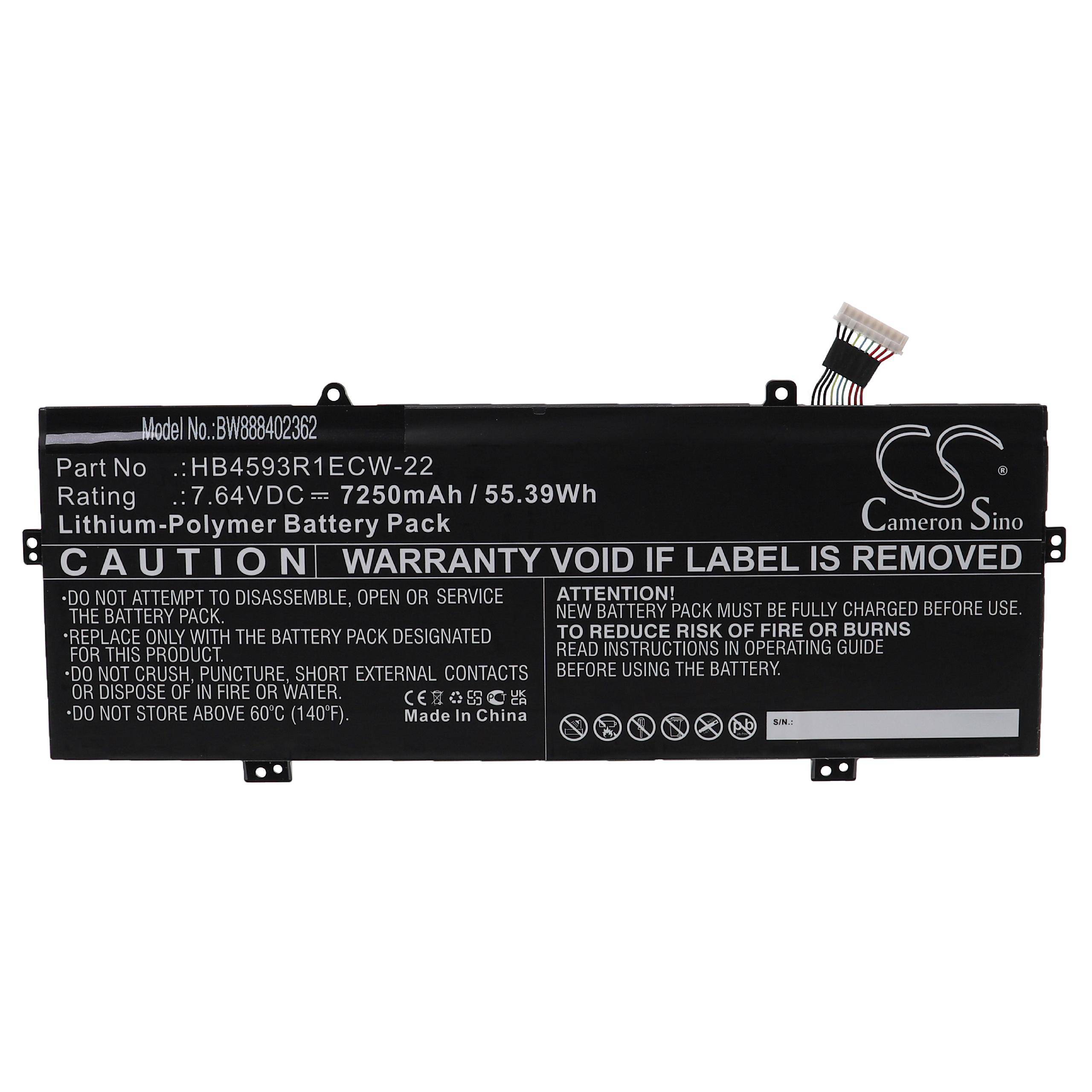 Schwarzes Laptop-Akkupack mit Warnaufklebern und Verbindungskabel, beschriftet Cameron Sino, Modell HB4593R1ECW-22, 7,64V 7250mAh.