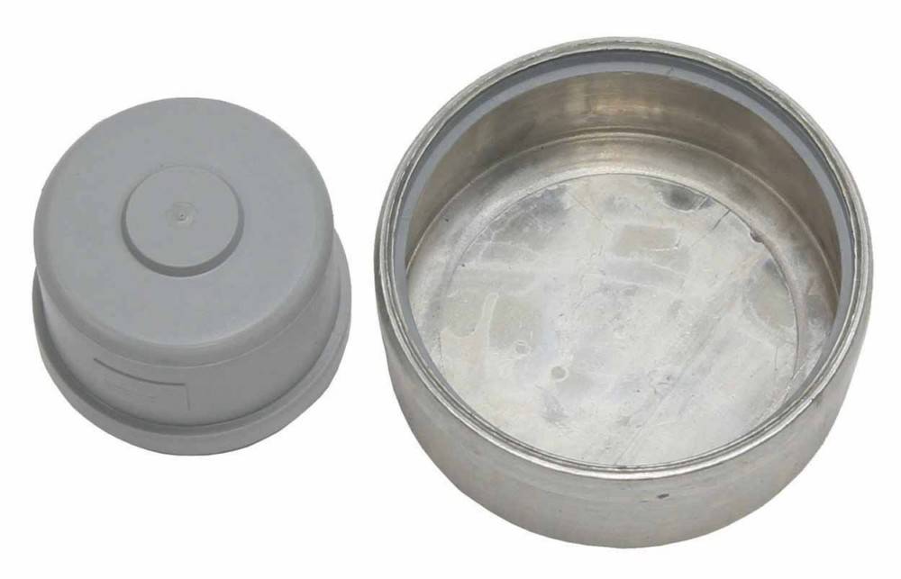 Kleiner grauer Metallbehälter mit Deckel, geschlossen und offen gezeigt, mit flachem leerem Innenraum.