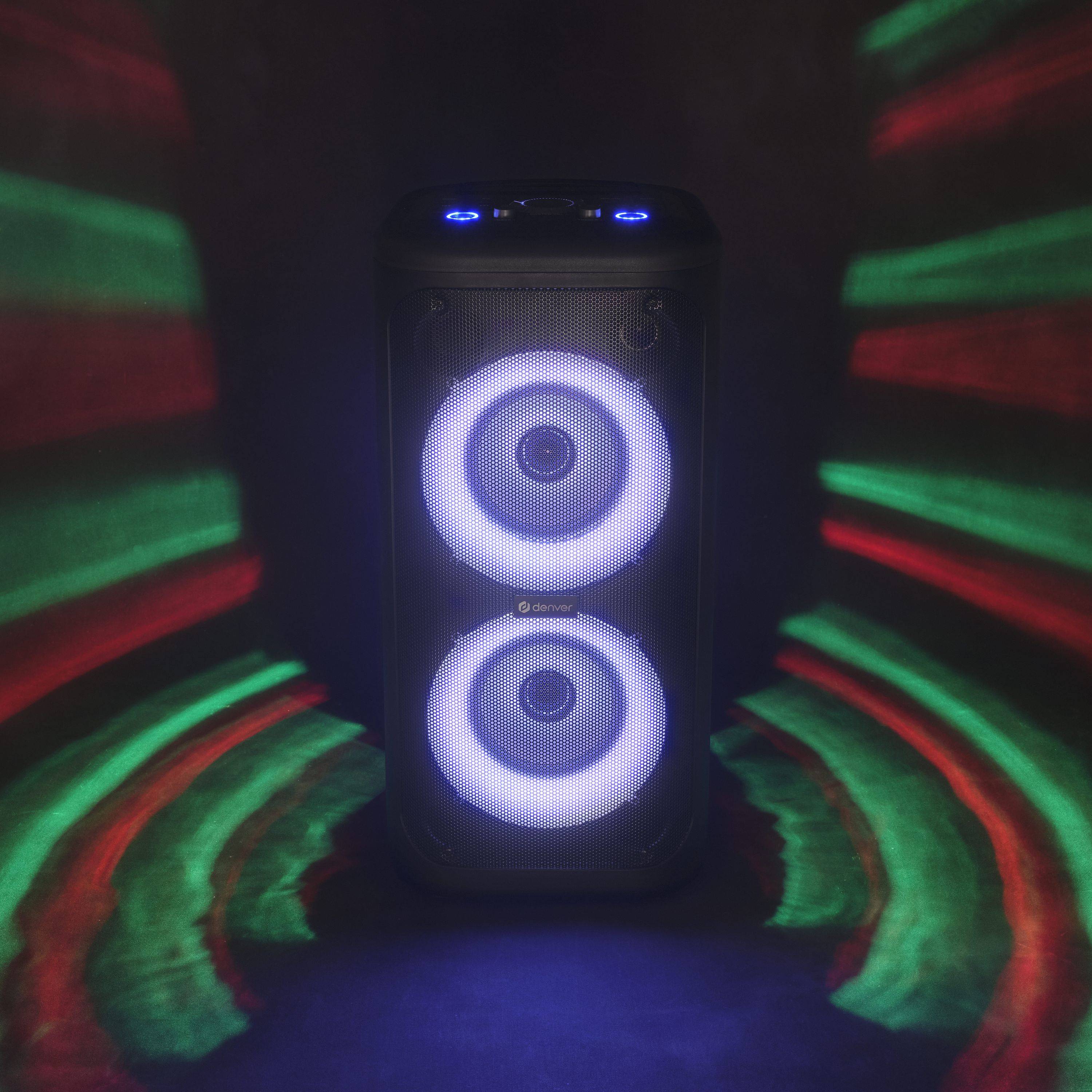 Denver TSP-353 - Trolley Lautsprecher Bluetooth Party Karaoke mit Mikrofon LED Lichtshow 400W Akku Rollen