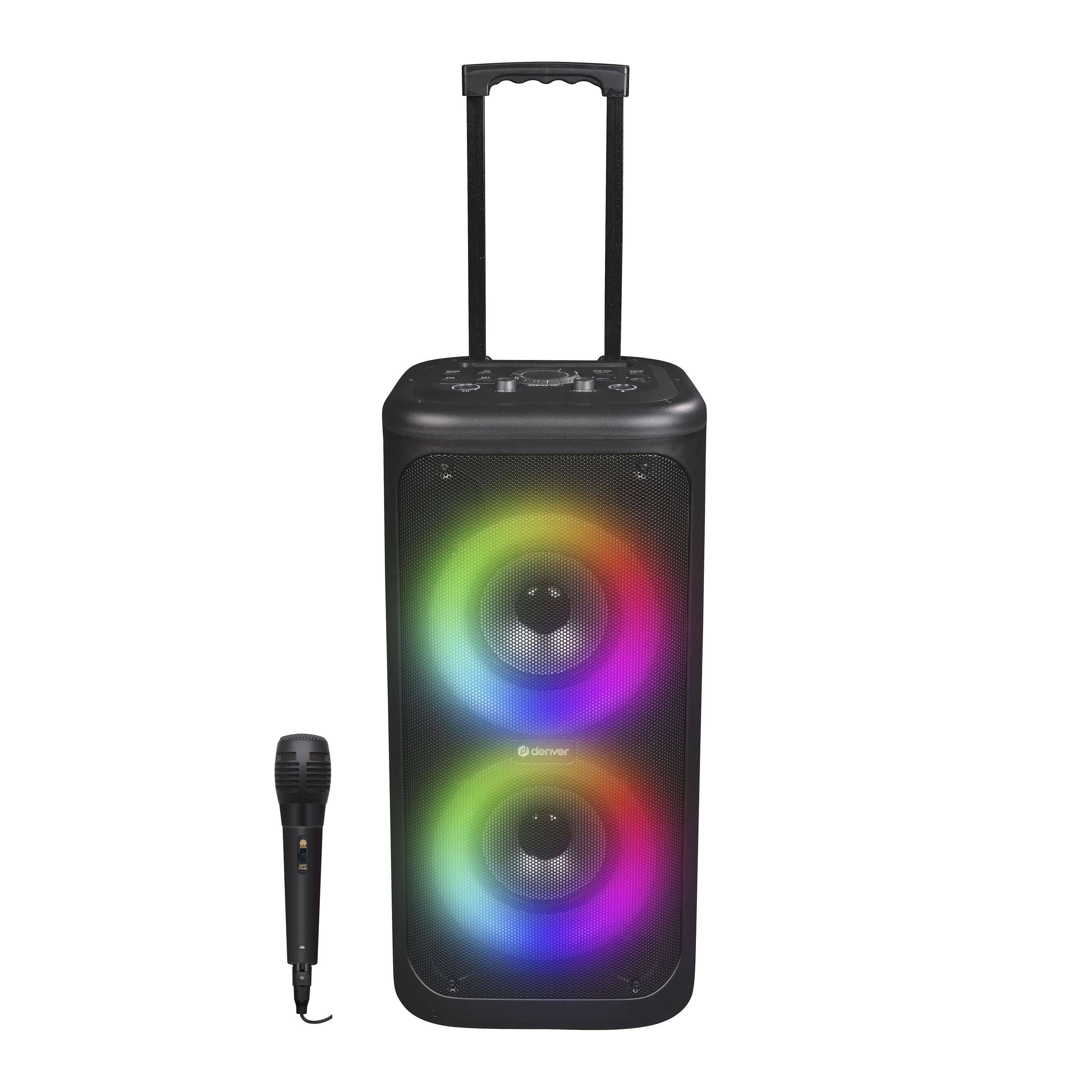 Denver TSP-353 - Trolley Lautsprecher Bluetooth Party Karaoke mit Mikrofon LED Lichtshow 400W Akku Rollen