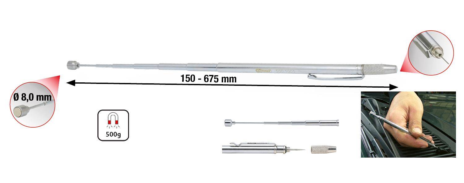 Teleskop-Messschieber-Set mit Messbereic 150-675 mm, gezeigt im ausgefahrenen und eingezogenen Zustand. Wird zum Messen von Innendimensionen verwendet. Silberfarbene Metallwerkzeuge.