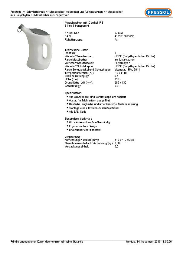 Messbecher 3l m.Schutzdeckel/Schutzkappe am Auslauf HDPE PRESSOL