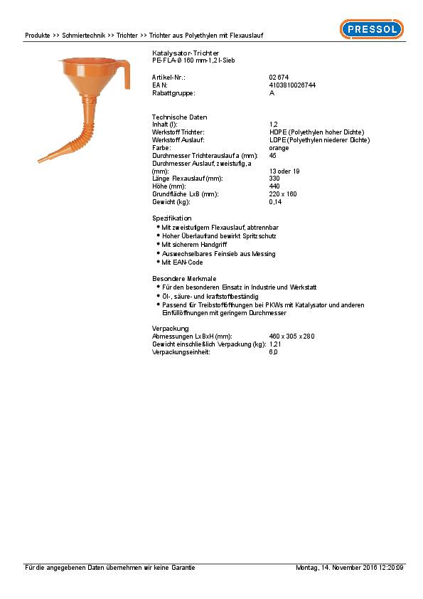 Trichter 160mm HDPE PRESSOL