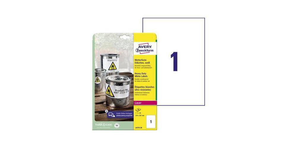 AVERY Zweckform Folienetikett 210 x 297 mm (B x H) weiß 20 Etik./Pack.