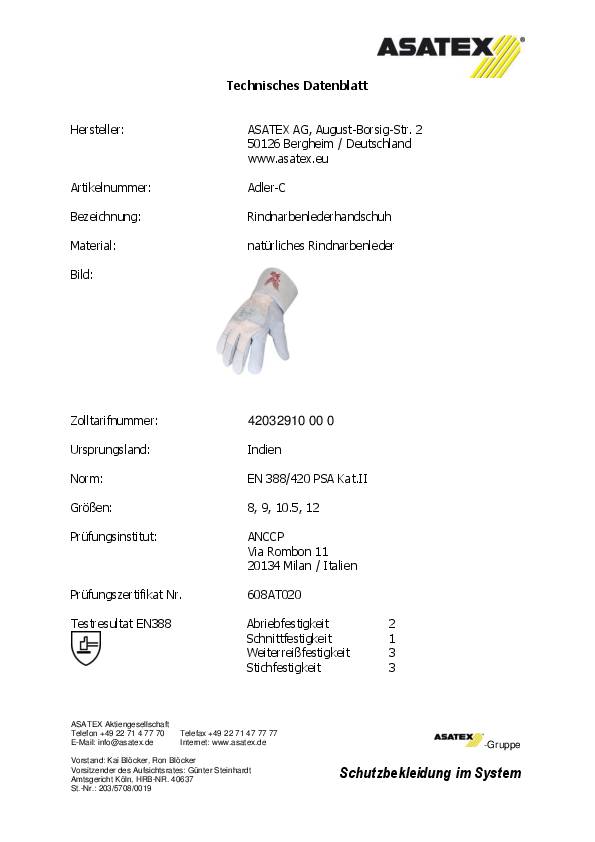 Handschuhe Adler-C Gr.10,5 naturfarben Leder ASATEX