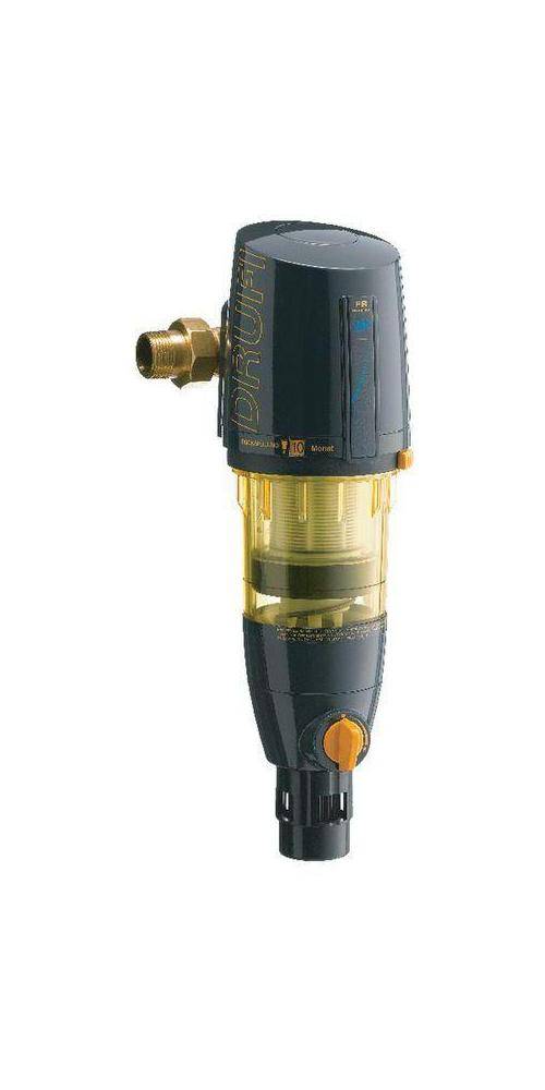 Eine Nahaufnahme einer Wasserfiltrationsvorrichtung mit einer transparenten Kammer und einem Einstellrädchen, entwickelt für Haushaltsinstallationen.