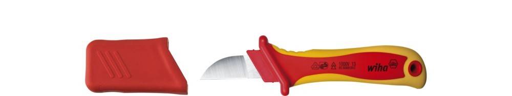 Ein rotes Universalmesser mit gelbem Griff, dargestellt in geschlossener und offener Position.