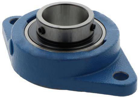 Blaues Flanschlager mit zylindrischem Metalleinsatz und zwei Befestigungslöchern.