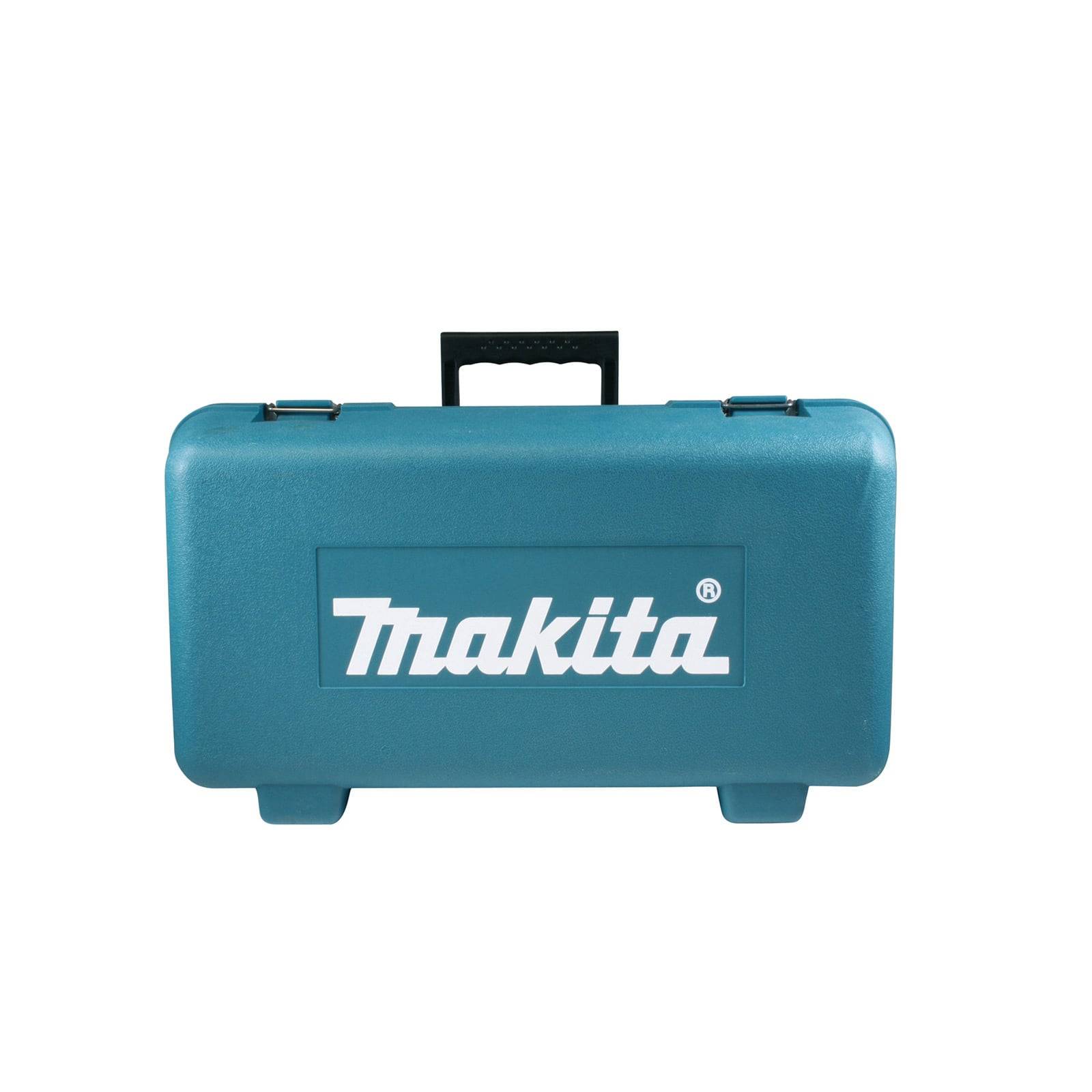 Ein blauer Makita Werkzeugkoffer mit einem schwarzen Griff, auf dem prominent das Makita-Logo auf der Vorderseite angebracht ist.